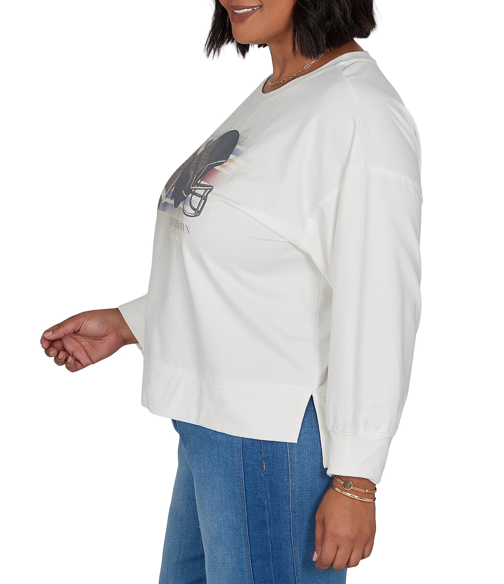 Ruby Rd. Plus Size French Terry Touchdown Scoop Neck Long Sleeve Pullover