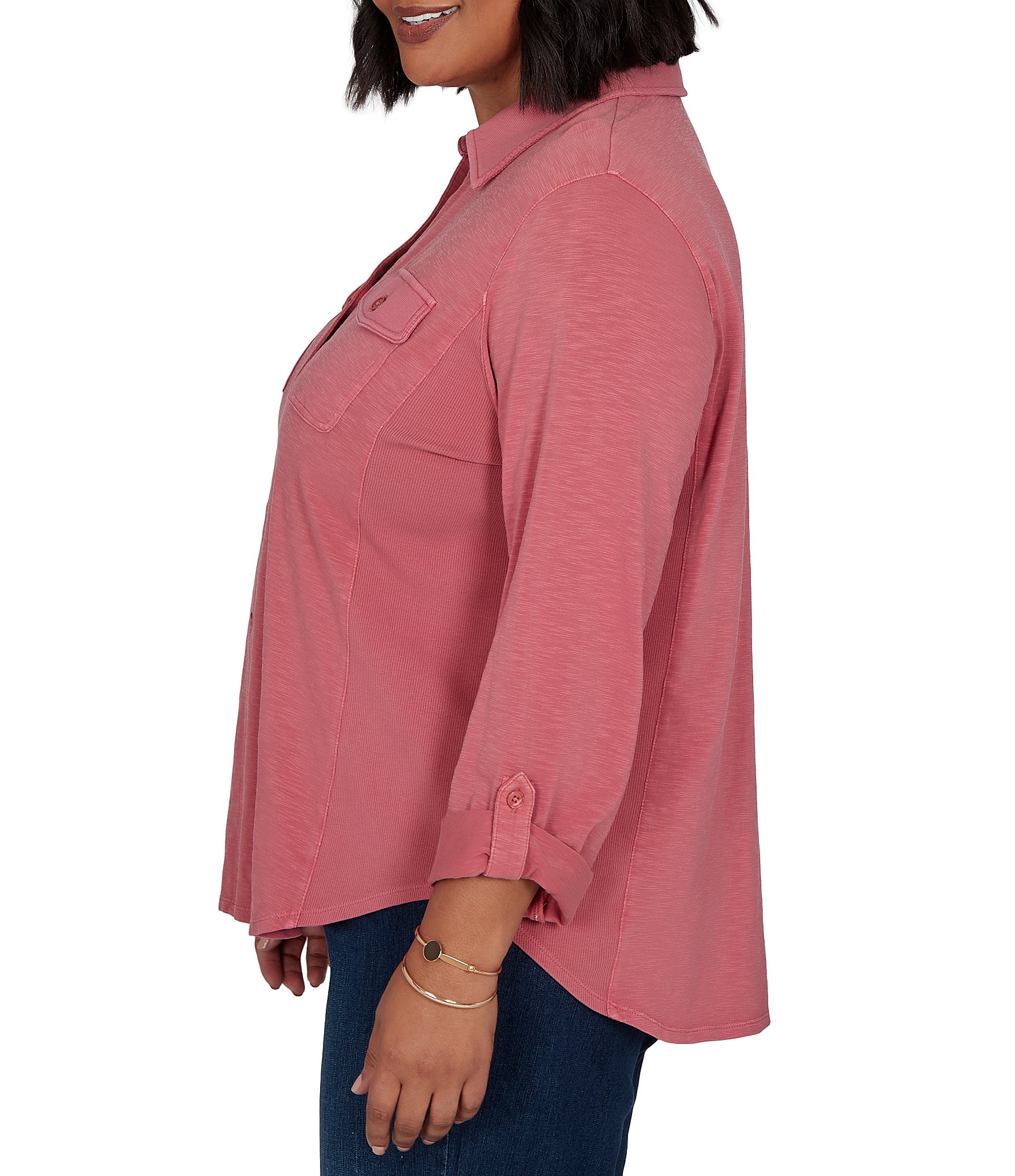Ruby Rd. Plus Size Garment Washed Point Collar 3/4 Roll-Tab Sleeve Button Front Shirt