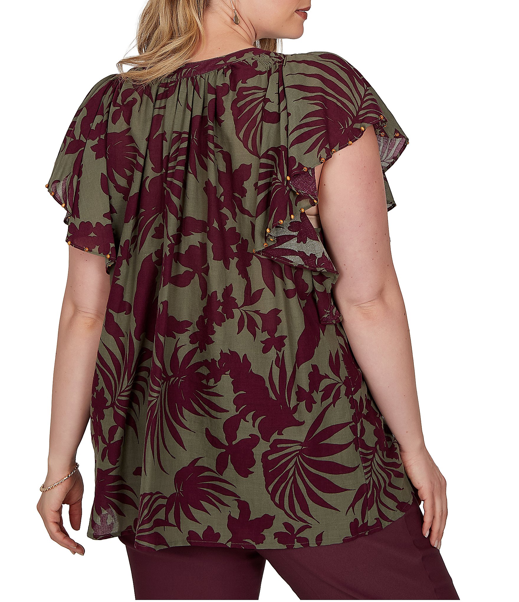 Ruby Rd. Plus Size Gauze Foliage Airy V-Neck Short Flutter Sleeve Top