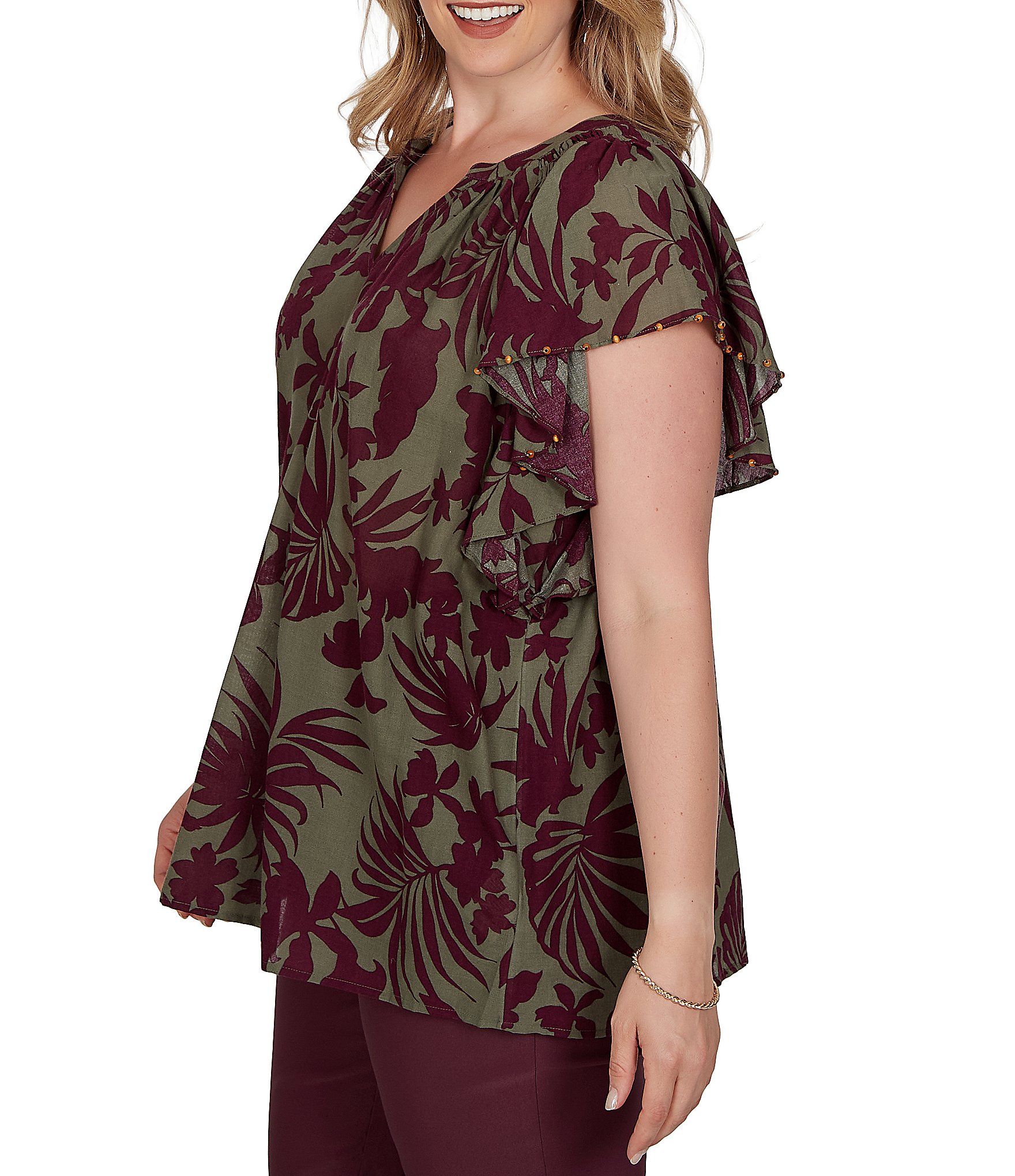 Ruby Rd. Plus Size Gauze Foliage Airy V-Neck Short Flutter Sleeve Top