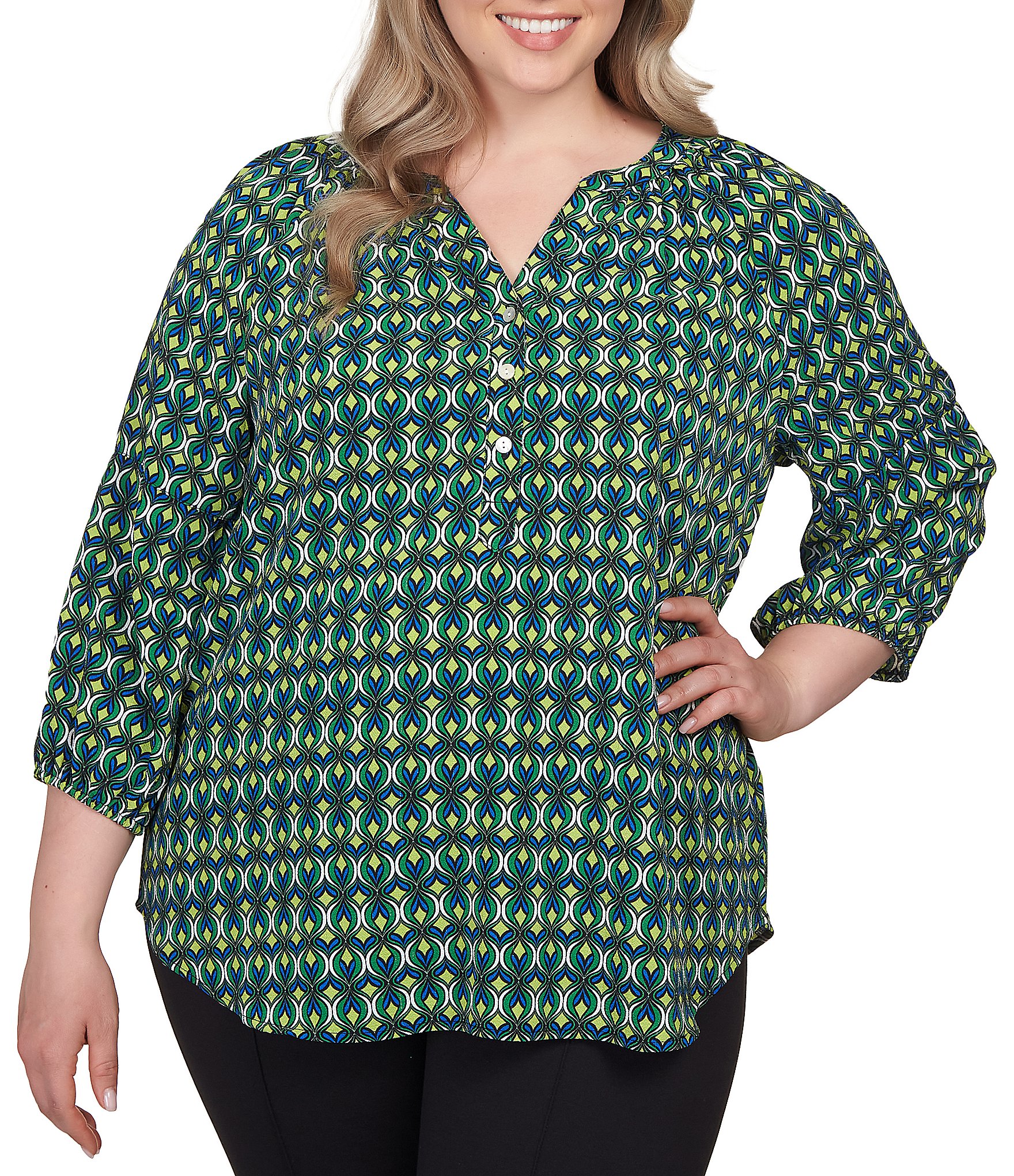 RUBY RD Boho Top 2X Plus Size Blouse Olive Green Coral Print