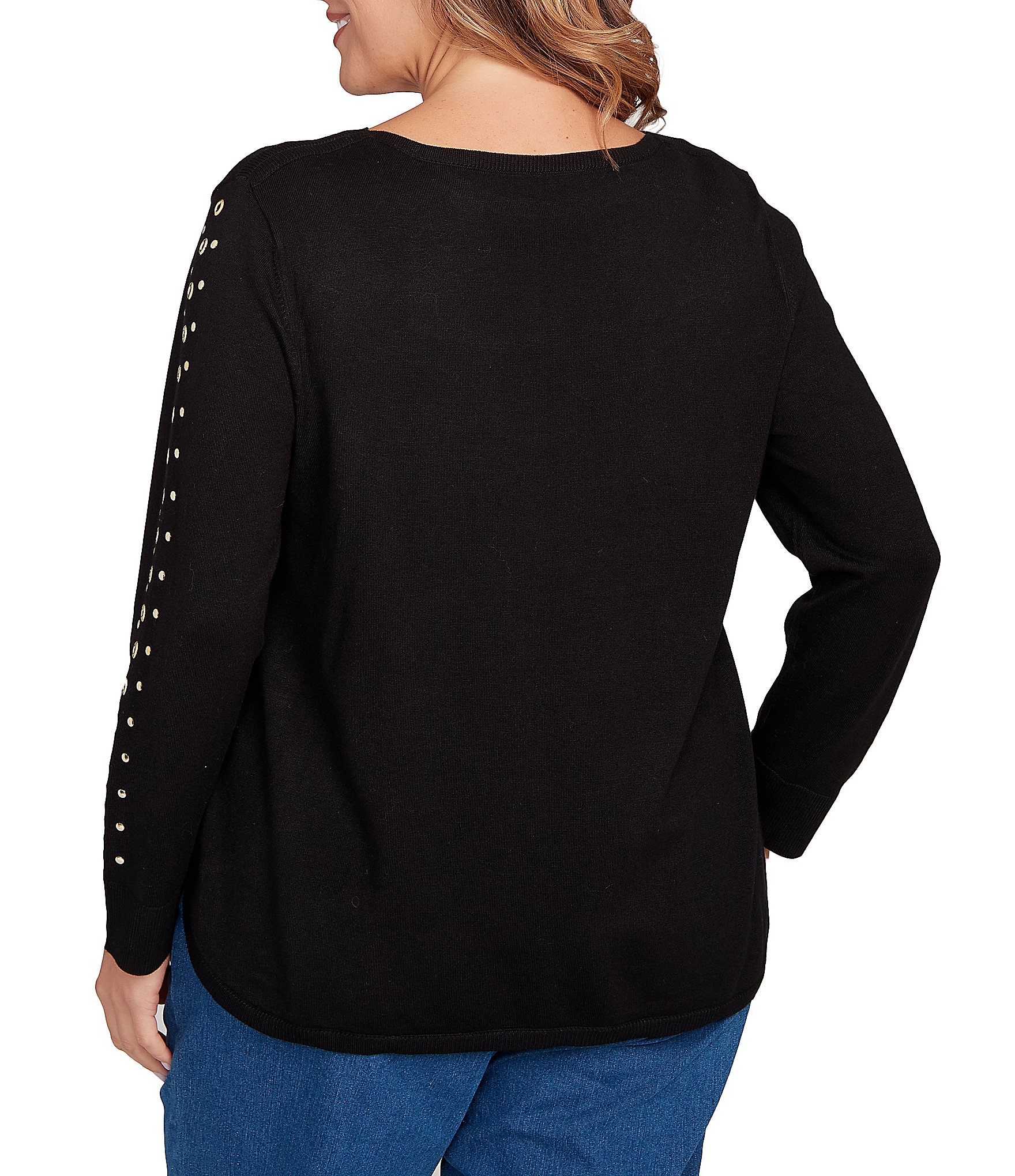 Ruby Rd. Plus Size Gleaming Grommet Embellished Fine-Gauge Boat Neck Sweater