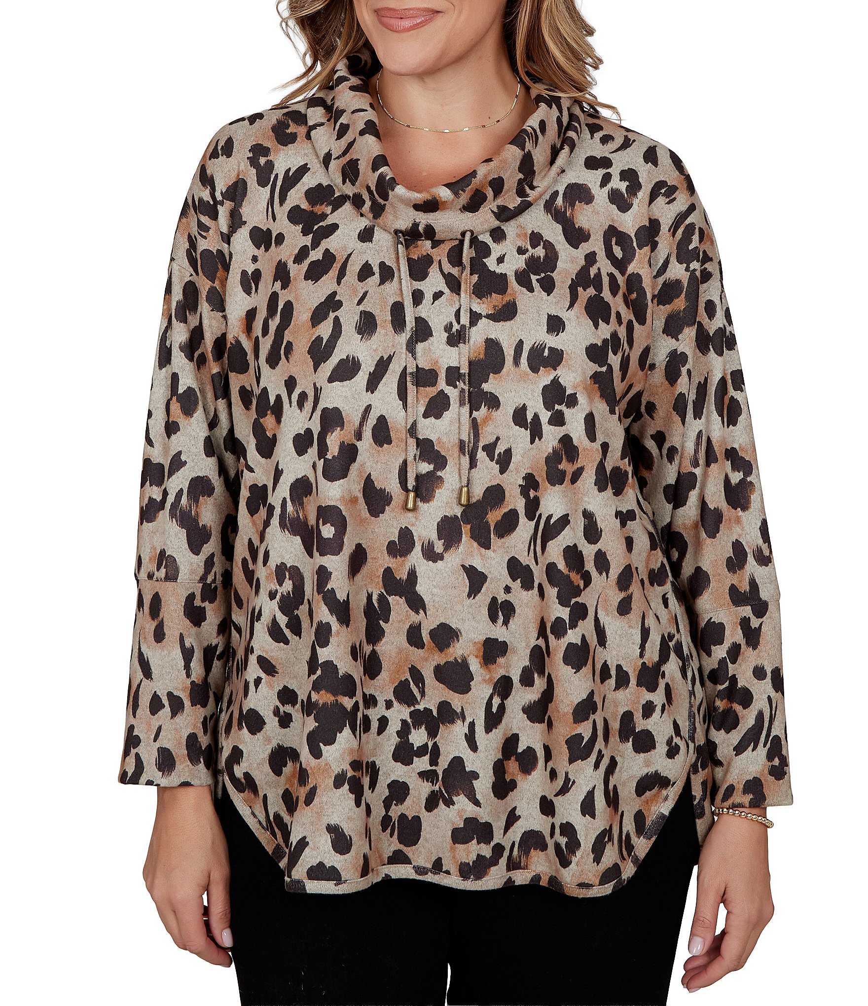 Ruby Rd. Plus Size Hatchi Knit Leopard Print Draped Drawstring Cowl Neck Long Sleeve Top