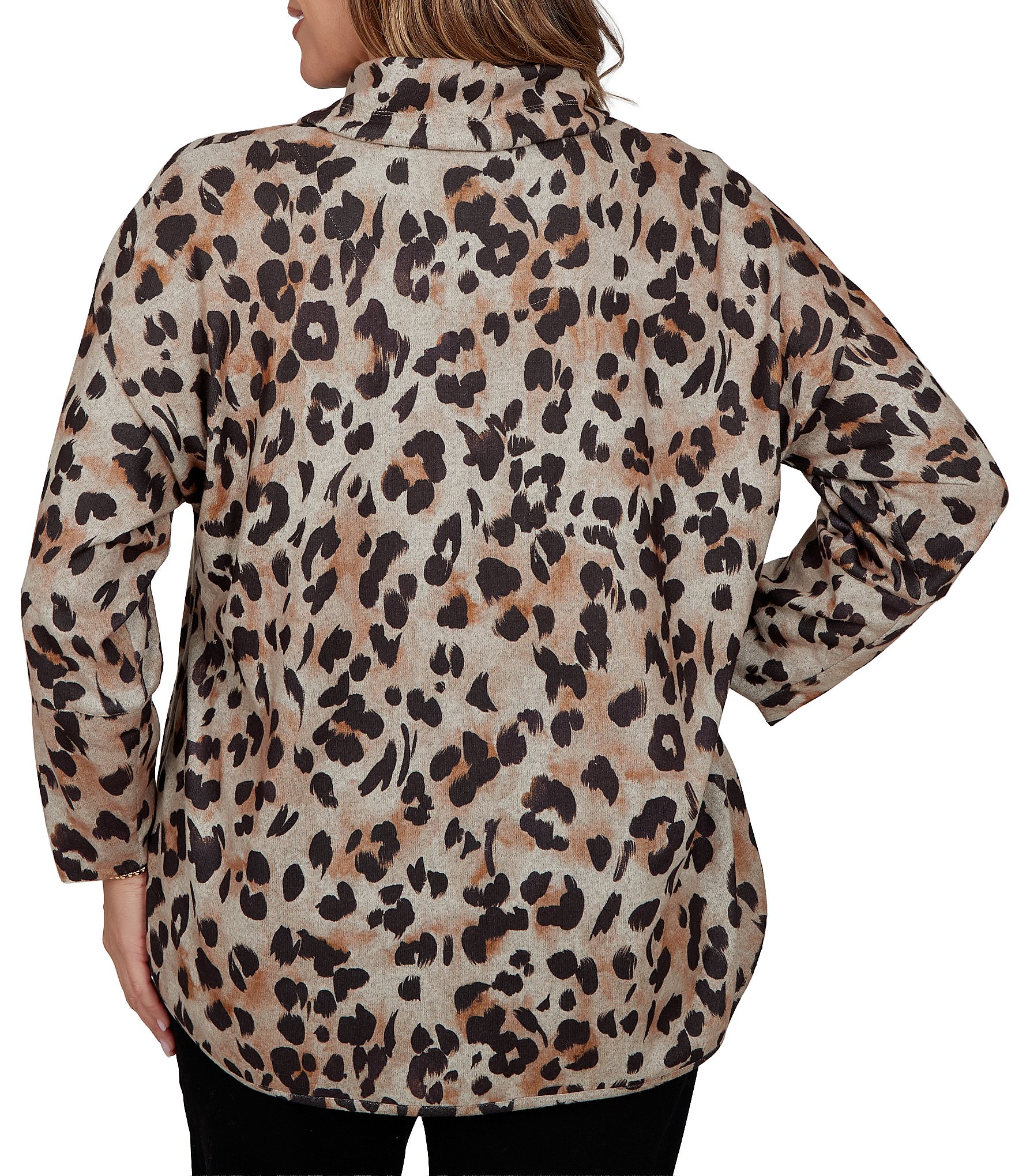 Ruby Rd. Plus Size Hatchi Knit Leopard Print Draped Drawstring Cowl Neck Long Sleeve Top