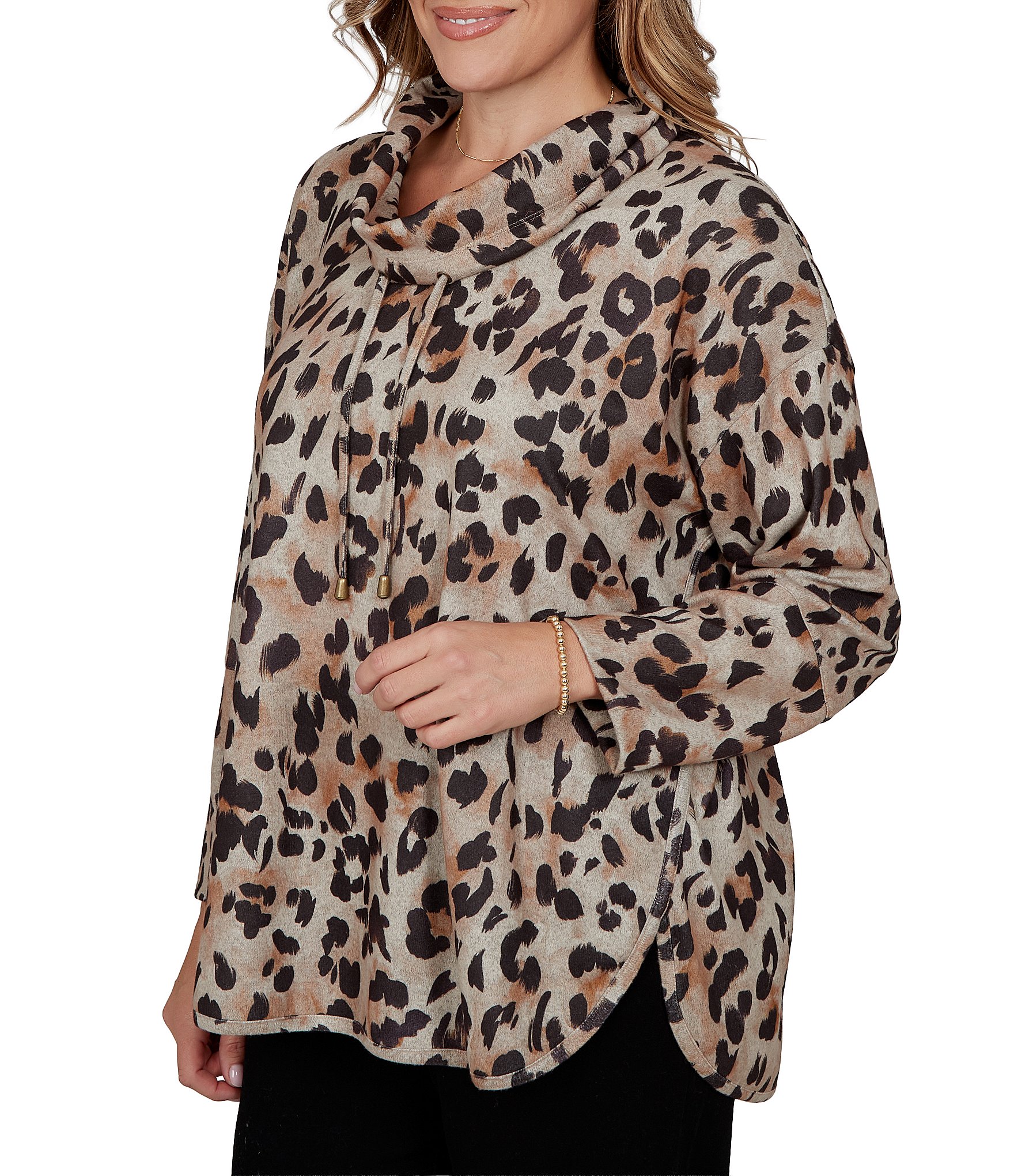 Ruby Rd. Plus Size Hatchi Knit Leopard Print Draped Drawstring Cowl Neck Long Sleeve Top