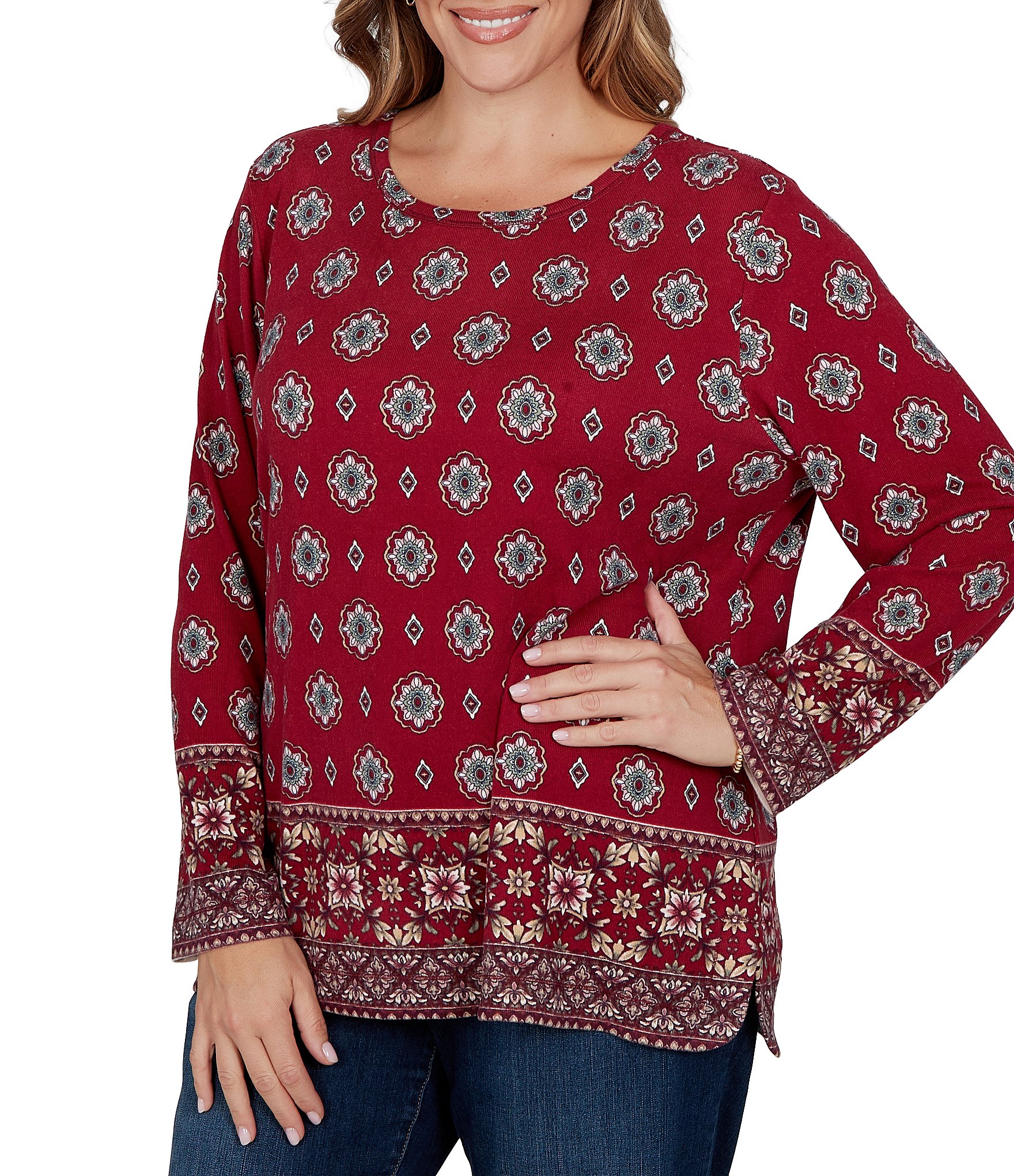 Ruby Rd. Plus Size Hatchi Knit Medallion Border Print Scoop Neck Bracelet Length Sleeve Top