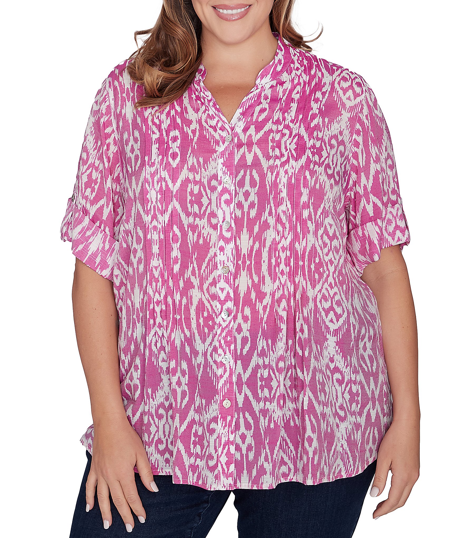 Ruby Rd. Plus Size Ikat Print Lotus Woven Band Collar Split V-Neck Roll ...