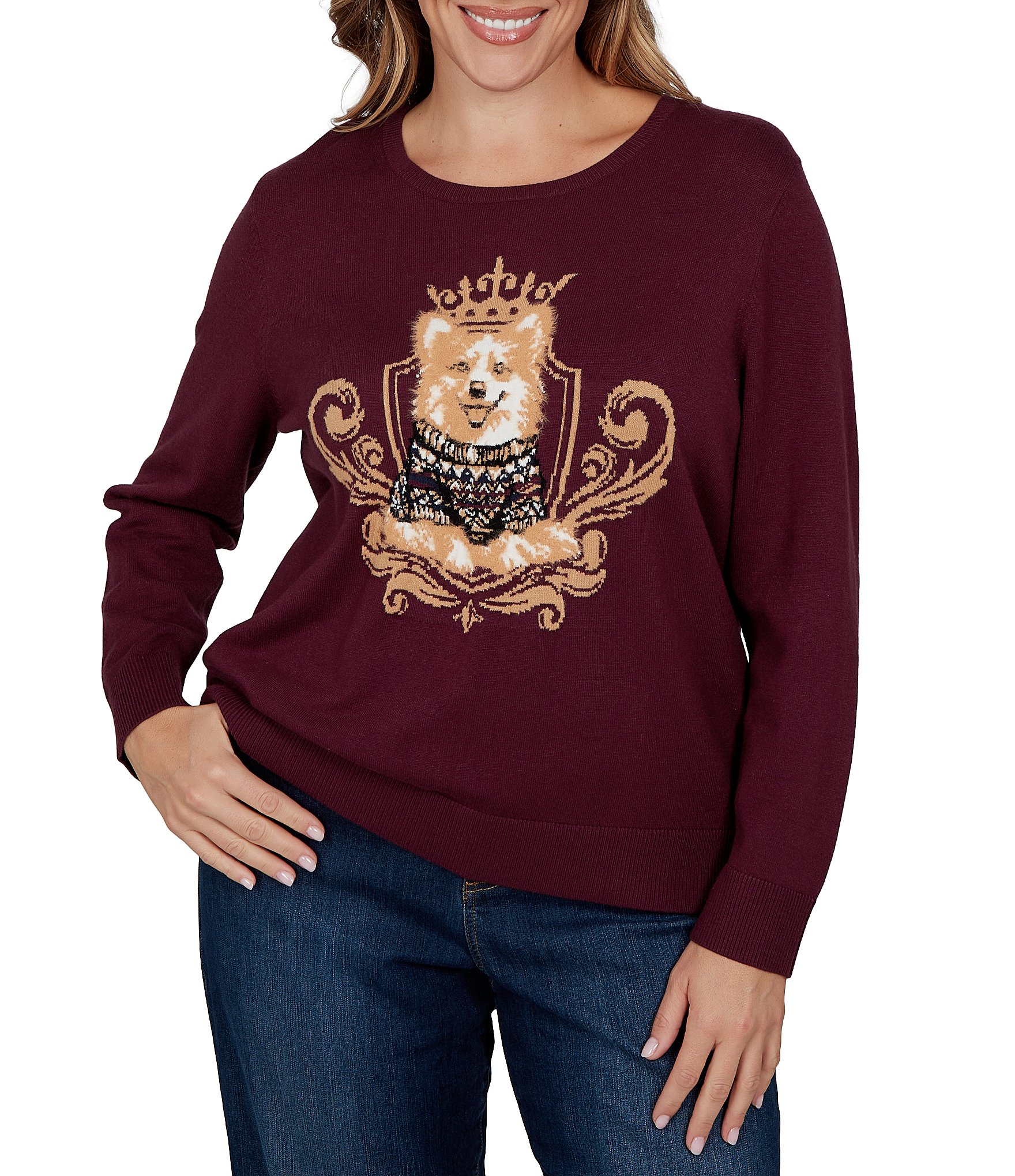 Ruby Rd. Plus Size Jacquard Knit Regal Corgi Scoop Neck Long Sleeve Sweater