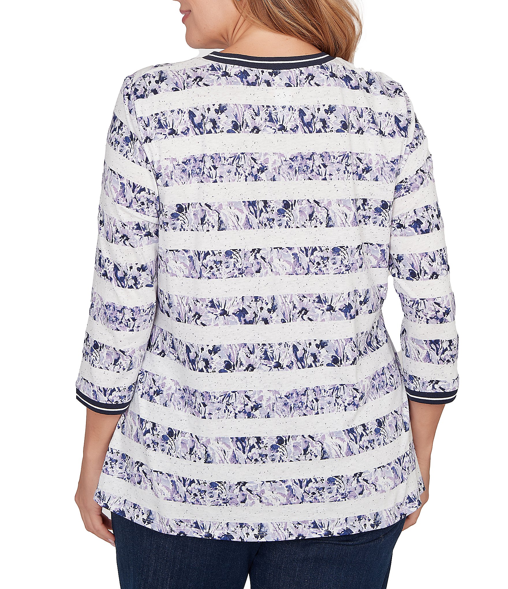 Ruby Rd. Plus Size Jersey Knit Floral Stripe Contrast Tipping Twist Front Hem Top