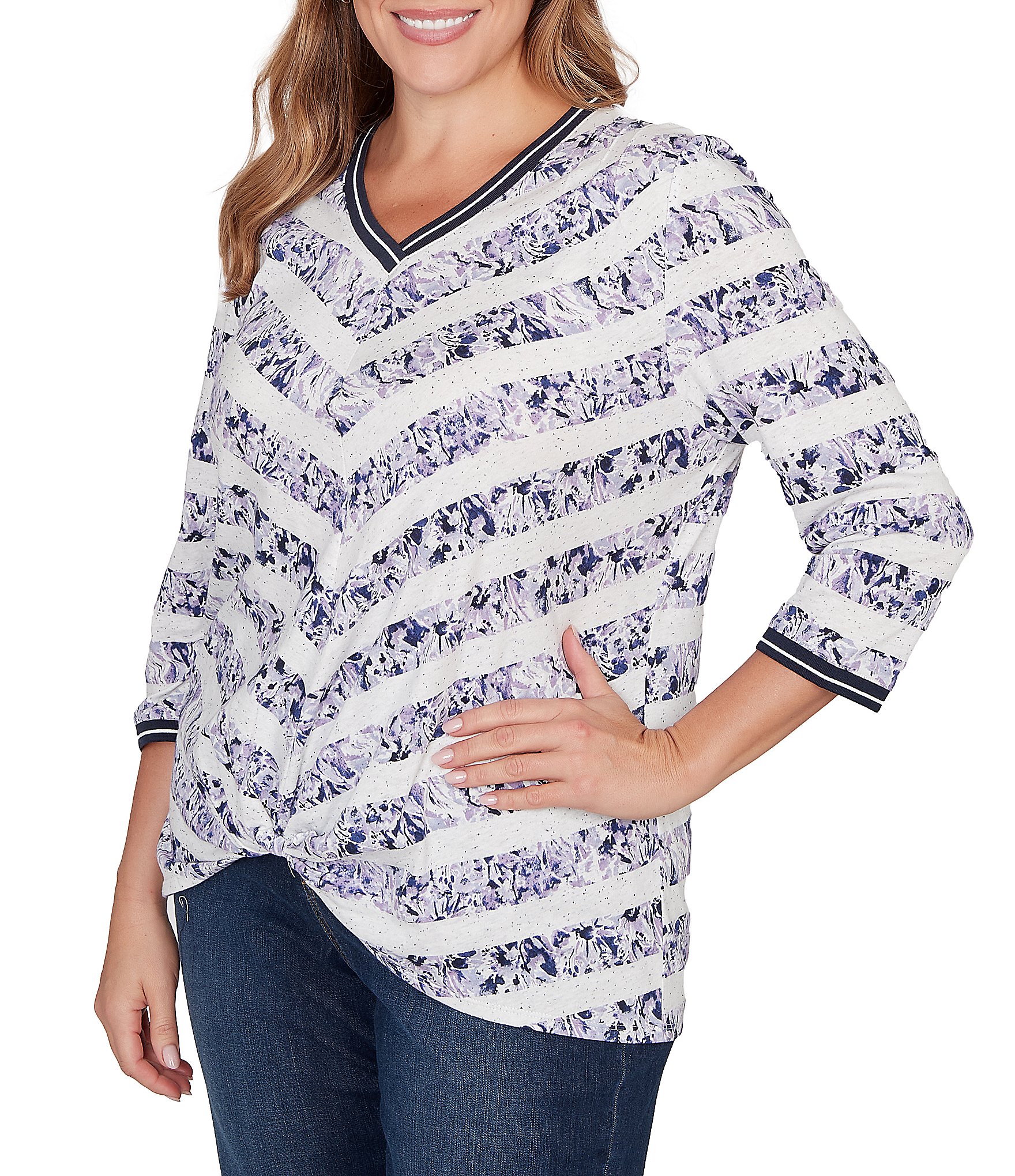 Ruby Rd. Plus Size Jersey Knit Floral Stripe Contrast Tipping Twist Front Hem Top