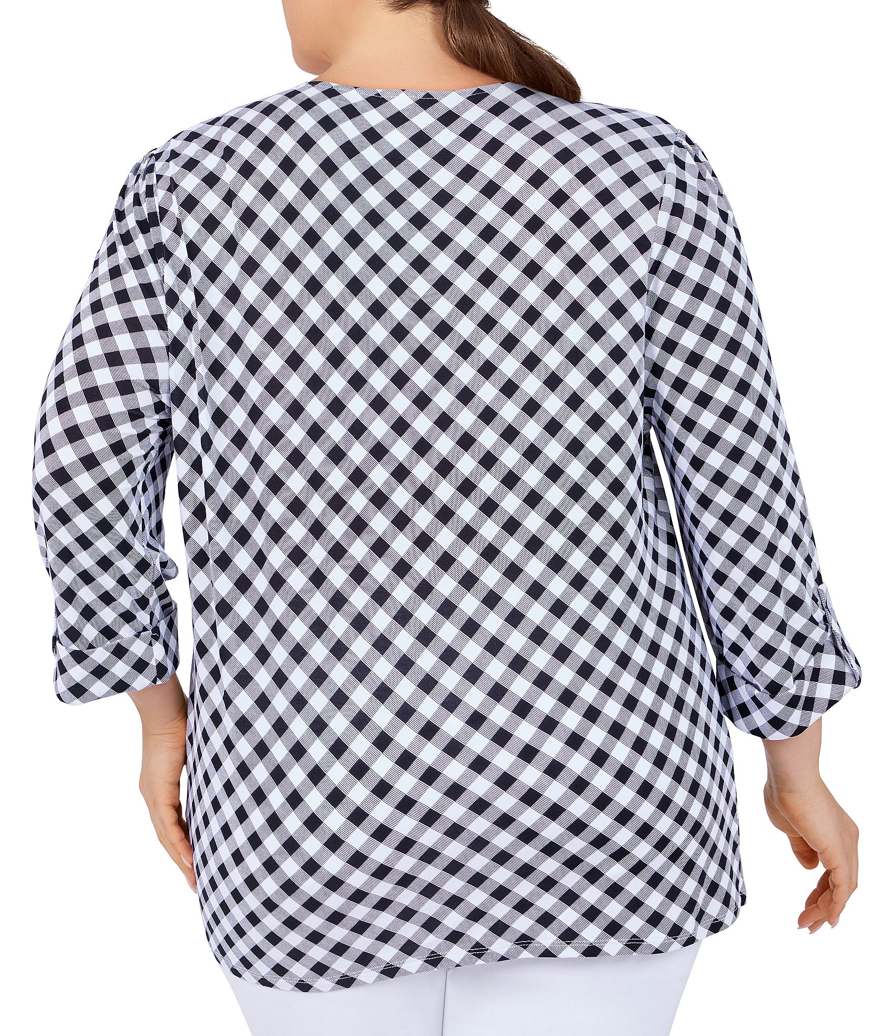 Ruby Rd. Plus Size Knit 3/4 Roll-Tab Sleeve Checked Print Pleat Split Round Neck Top