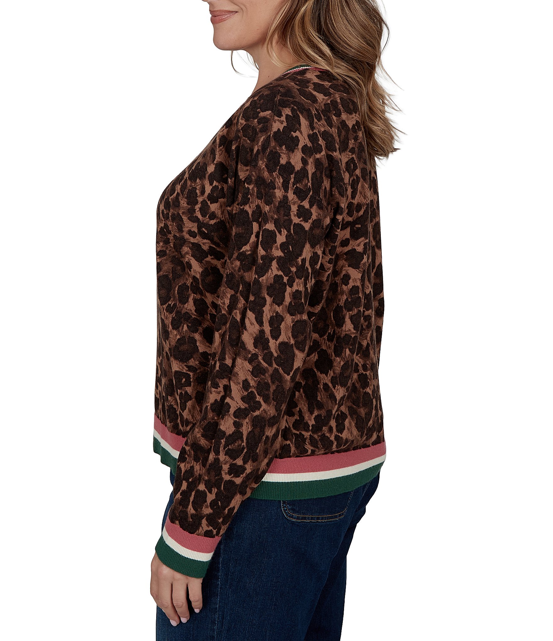 Ruby Rd. Plus Size Knit Contrast Trim Cheetah Print Boat Neck Long Sleeve Sweater