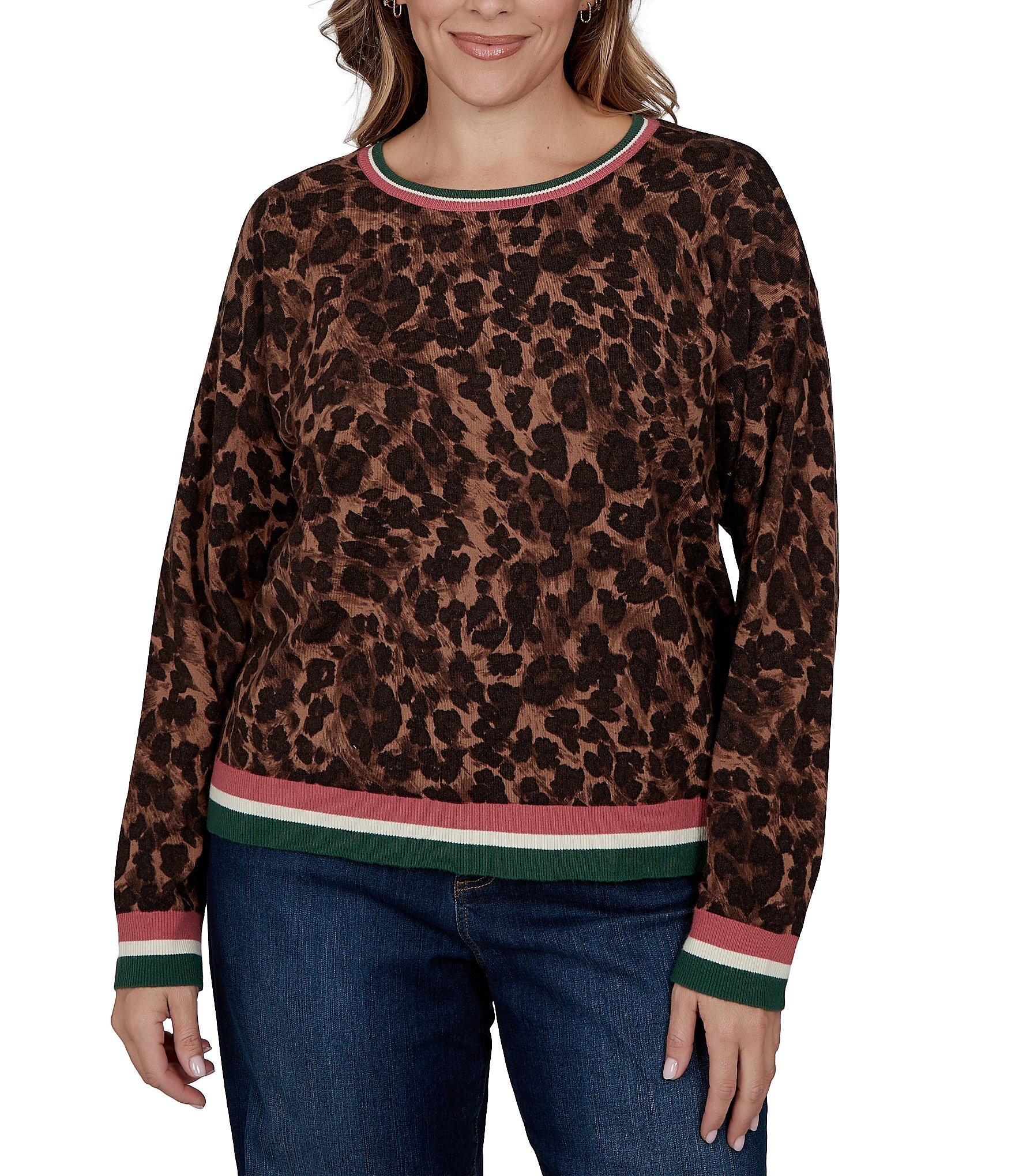 Ruby Rd. Plus Size Knit Contrast Trim Cheetah Print Boat Neck Long Sleeve Sweater