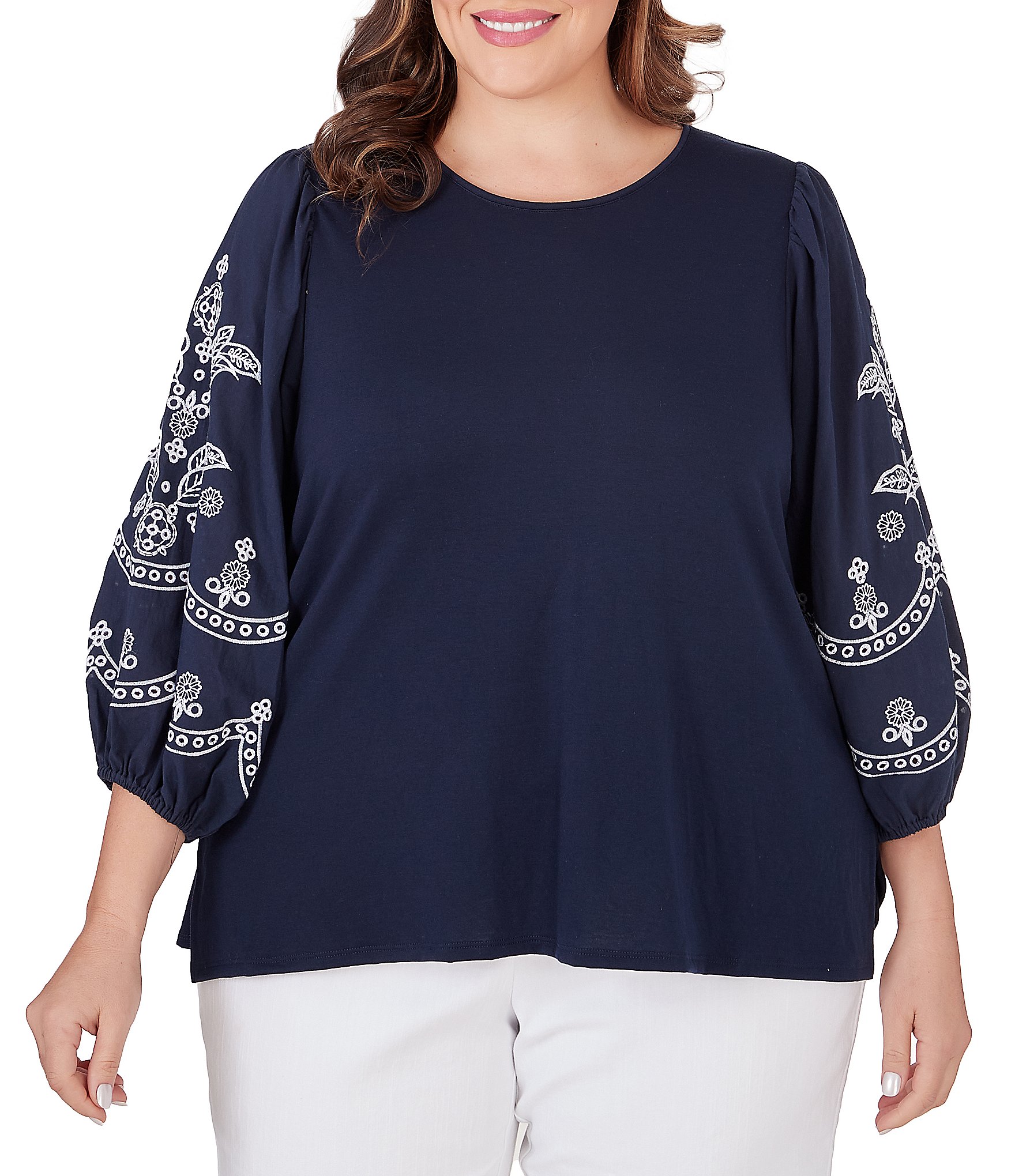 Ruby Rd. Plus Size Tile Print Knit Embroidered Notch Neck 3/4 Sleeve Top