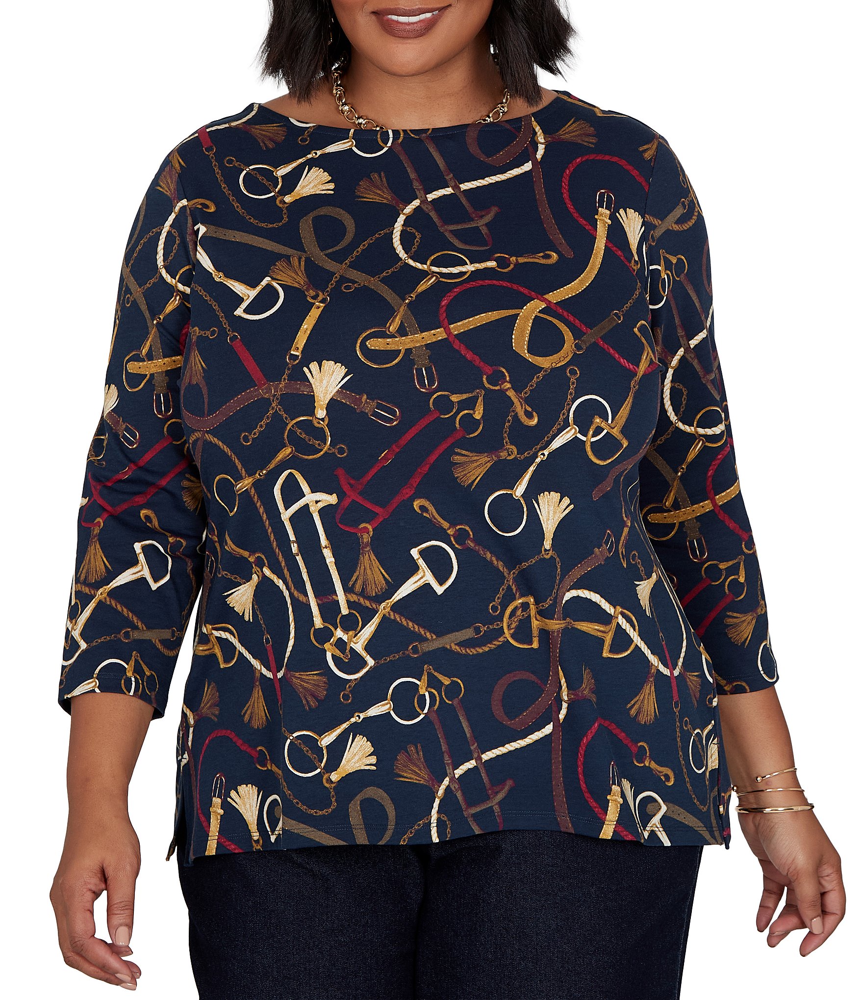 Ruby Rd. Plus Size Knit Equestrian Tassel Allover Print Boat Neck 3/4 Sleeve Top