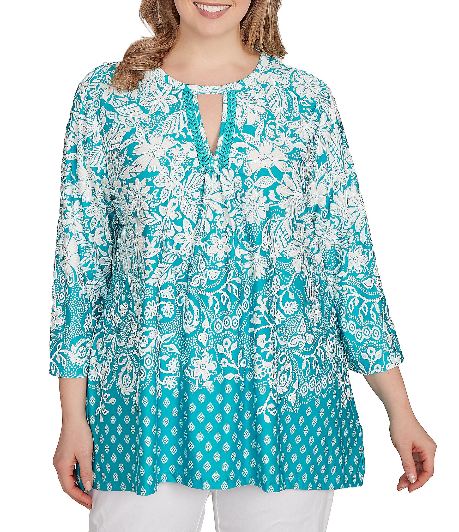 Ruby Rd. Plus Size Knit Floral Border Print Keyhole Neck 3/4