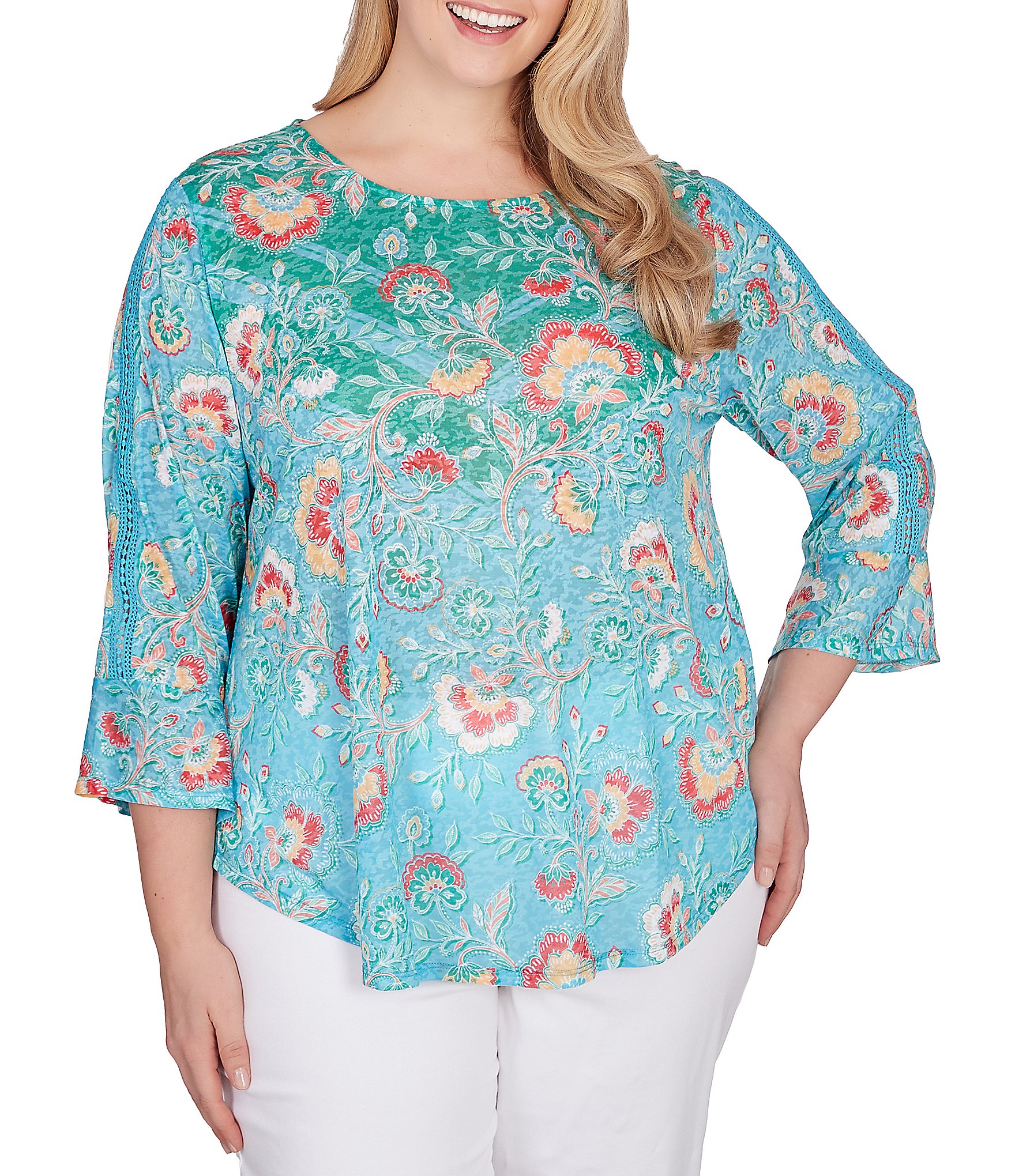 Ruby Rd. Plus Size Knit Floral Print Crew Neck 3/4 Sleeve Top Product ...