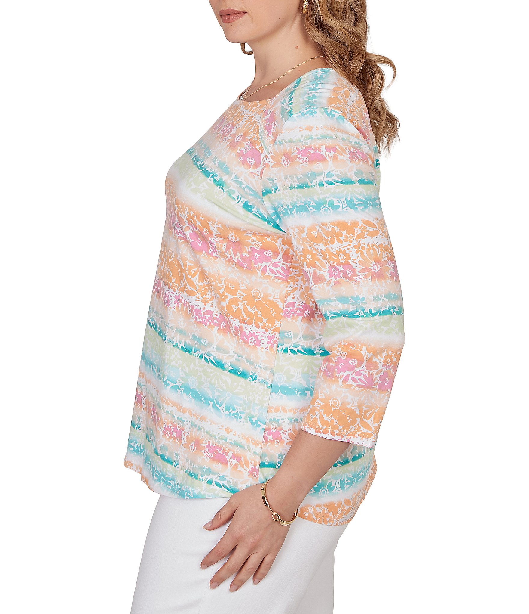 Ruby Rd. Plus Size Knit Floral Stripe Square Neck 3/4 Sleeve Top