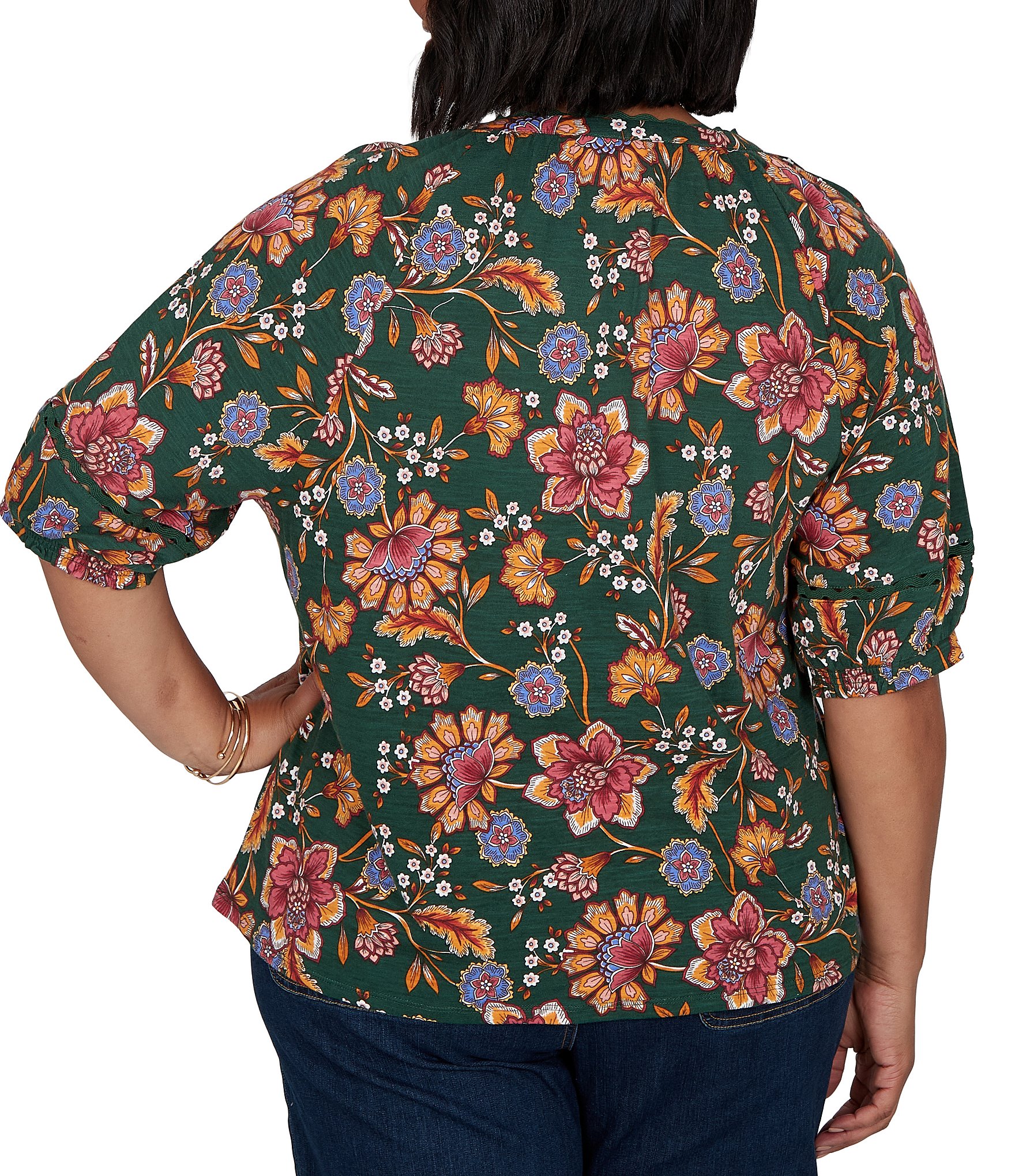 Ruby Rd. Plus Size Knit Floral Vine Split V-Neck Elbow Length Sleeve Rik-Rac Trim Top