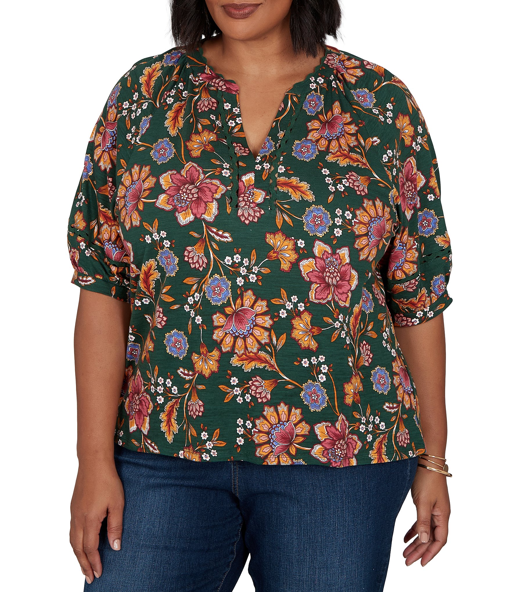 Ruby Rd. Plus Size Knit Floral Vine Split V-Neck Elbow Length Sleeve Rik-Rac Trim Top