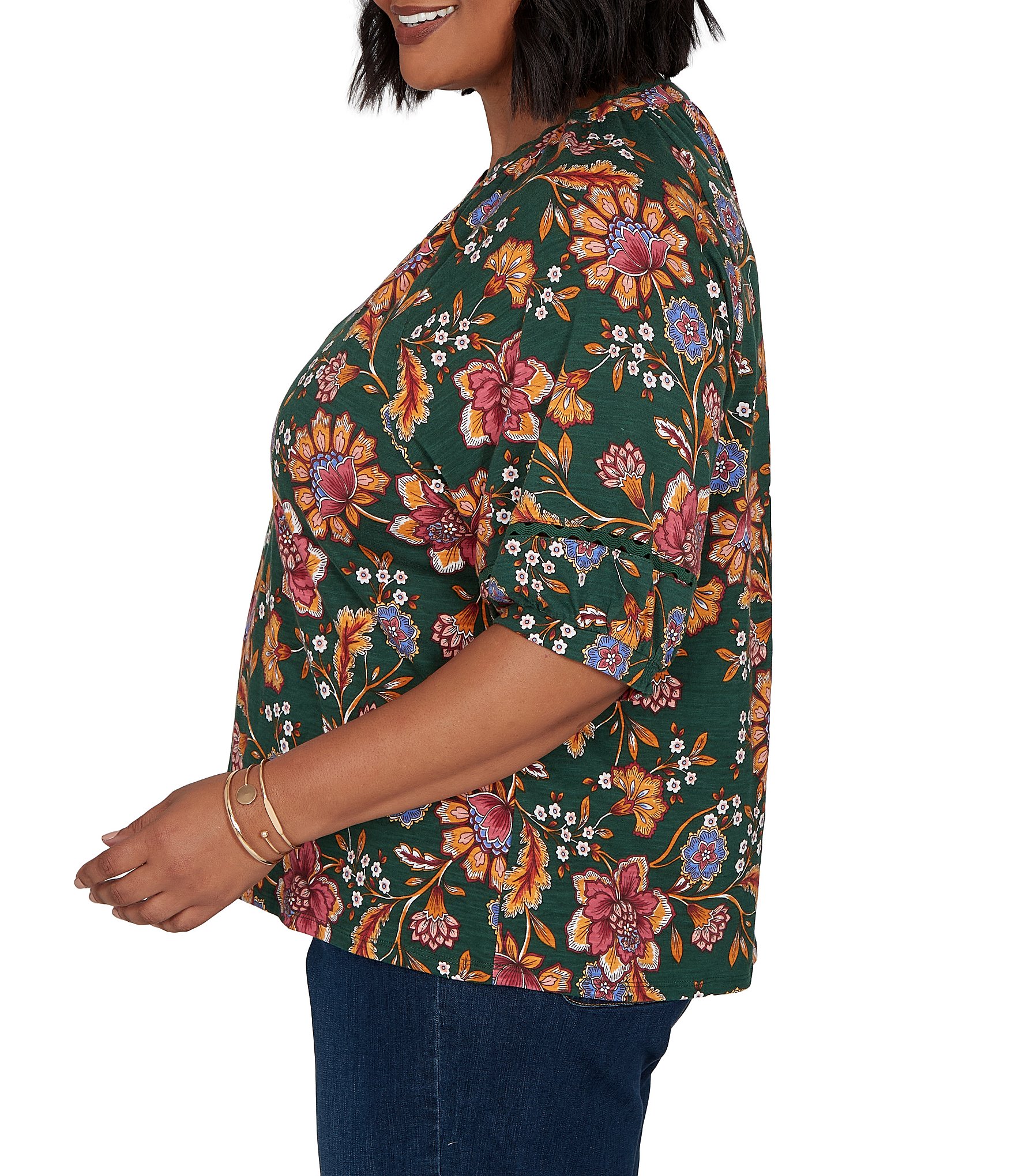 Ruby Rd. Plus Size Knit Floral Vine Split V-Neck Elbow Length Sleeve Rik-Rac Trim Top
