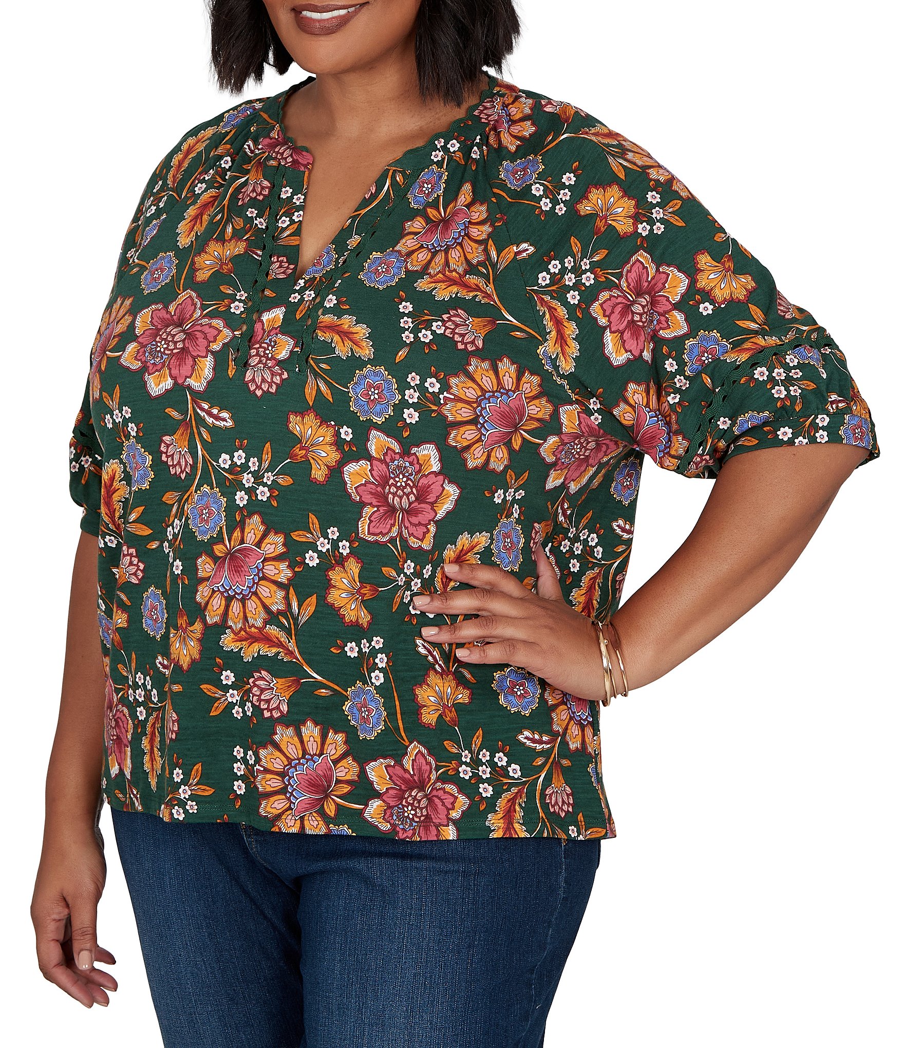 Ruby Rd. Plus Size Knit Floral Vine Split V-Neck Elbow Length Sleeve Rik-Rac Trim Top