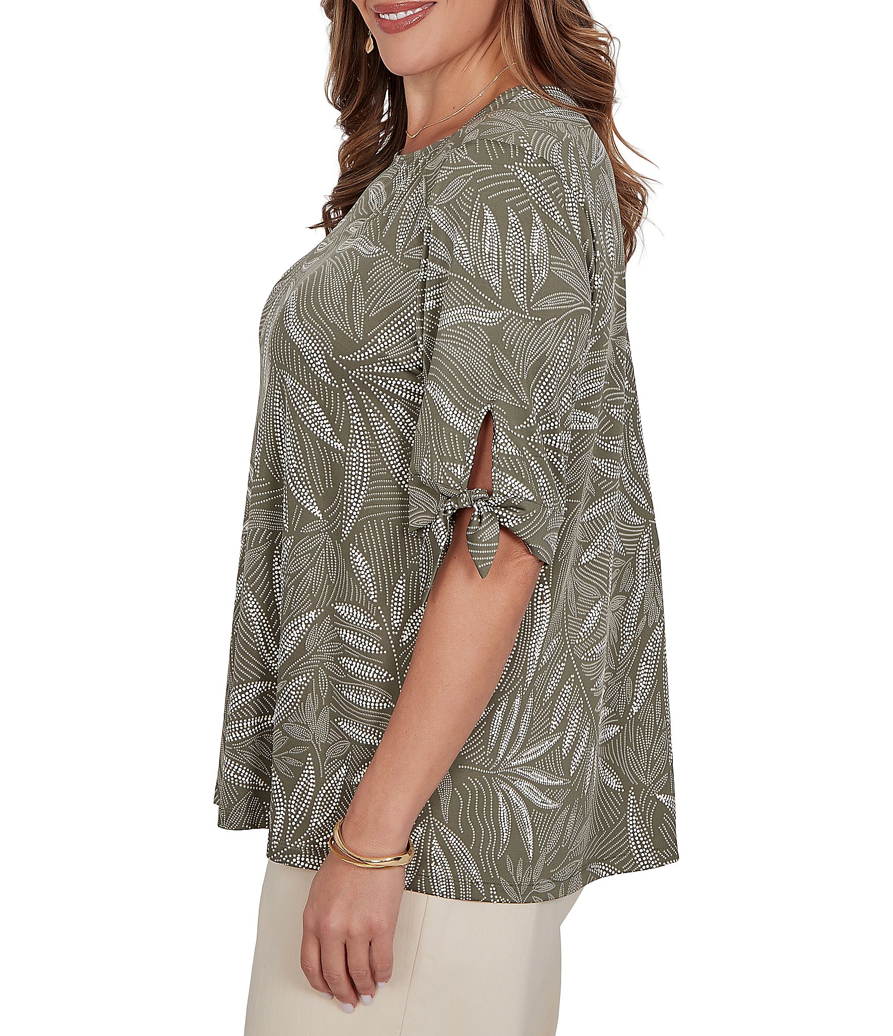 Ruby Rd. Plus Size Knit Fronds Puff Envelope Neckline Short Tie Sleeves Top
