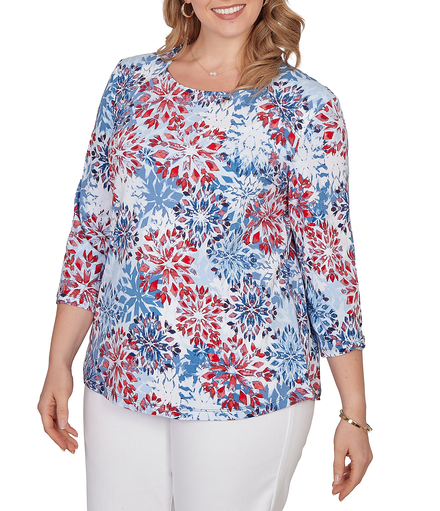 Ruby Rd. Plus Size Knit Medallion Floral Square Neck 3/4 Sleeve Top