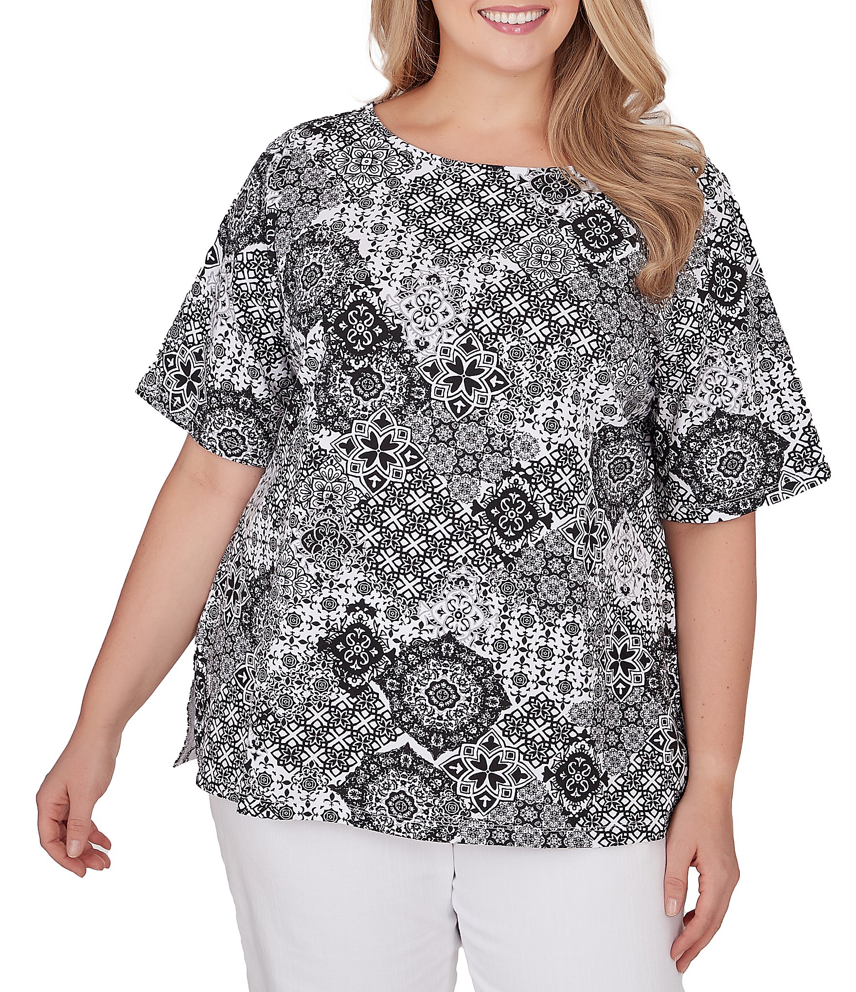 Ruby Rd. Plus Size Knit Medallion Patchwork Print Boat Neck Elbow ...