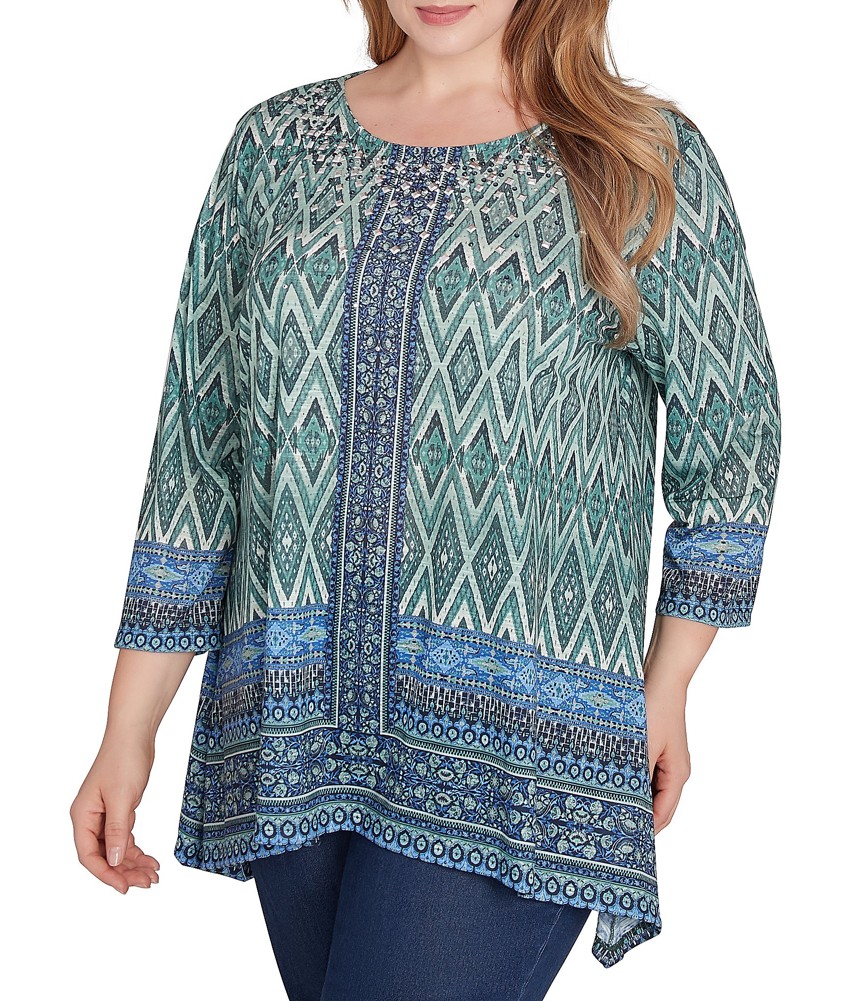 Ruby Rd. Plus Size Knit Mix Pattern Border Print Embellished Scoop Neck 3/4 Sleeve Shark-Bite Hem Top