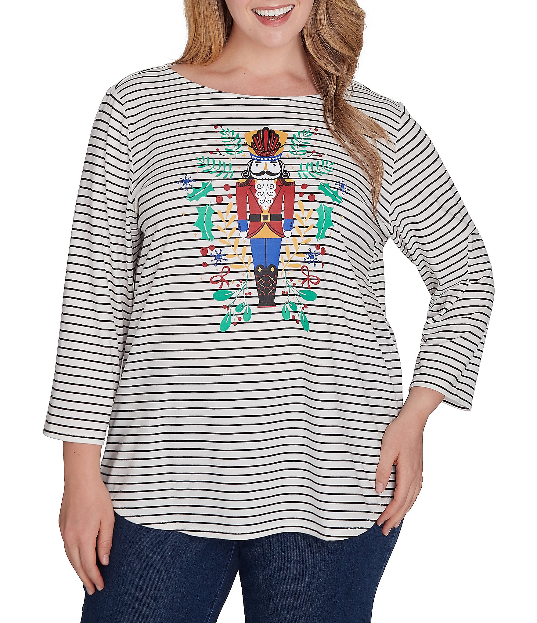Ruby Rd. Plus Size Knit Nutcracker Stripe Boat Neck 3/4 Sleeve Top ...