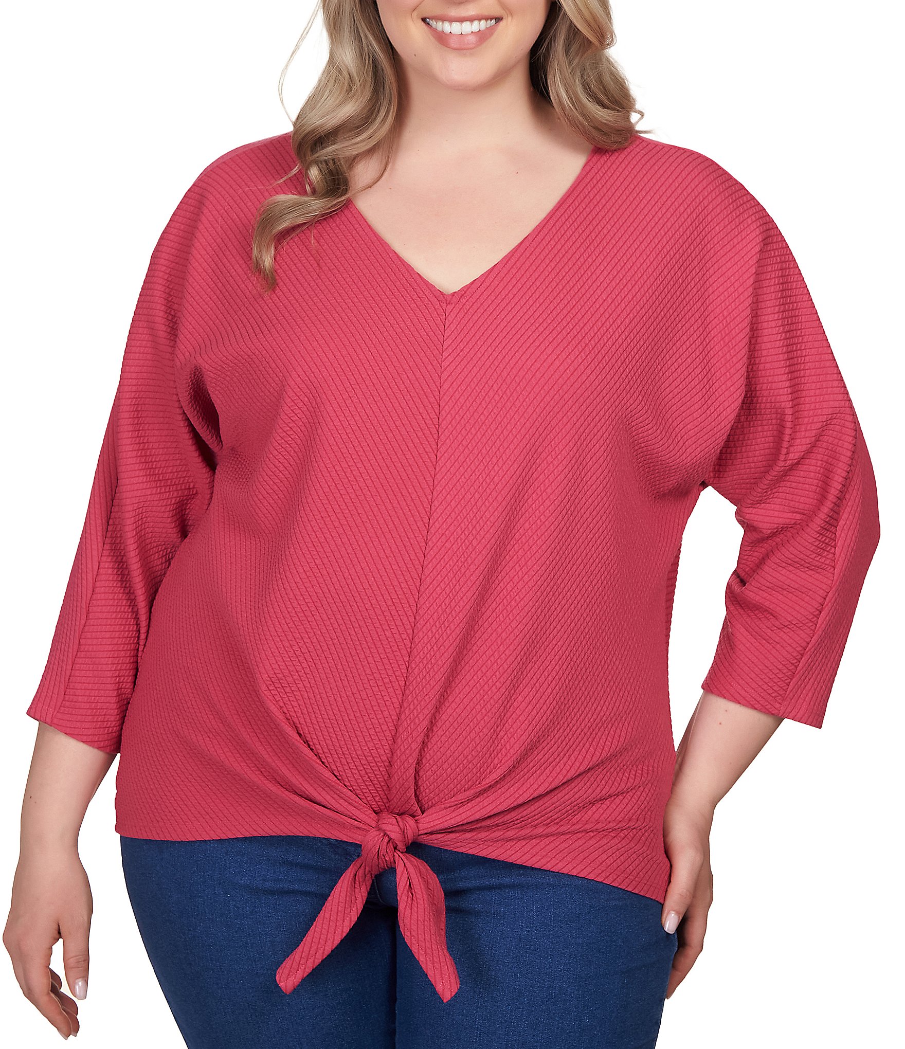 Ruby Rd. Plus Size VNeck 3/4 Sleeve Tie Front Knit Ottoman Top Dillard's