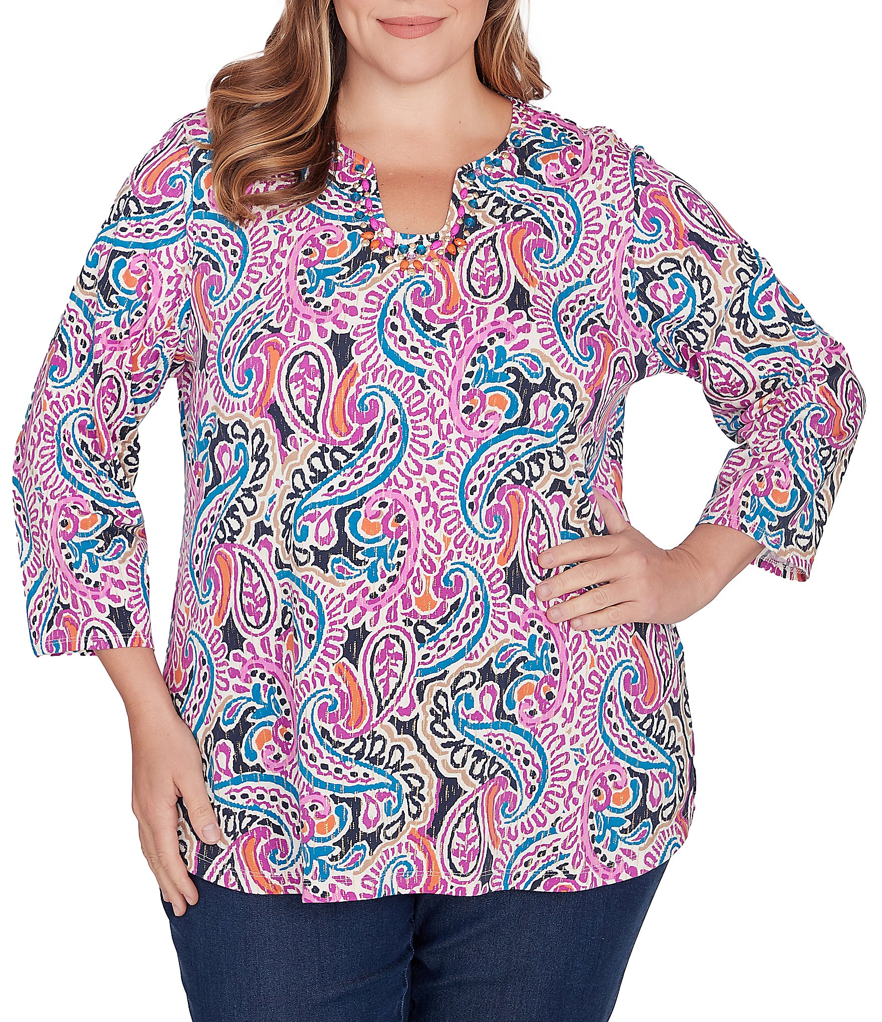 Ruby Rd. Plus Size Knit Paisley Print Embellished Horseshoe Neck 3/4 ...