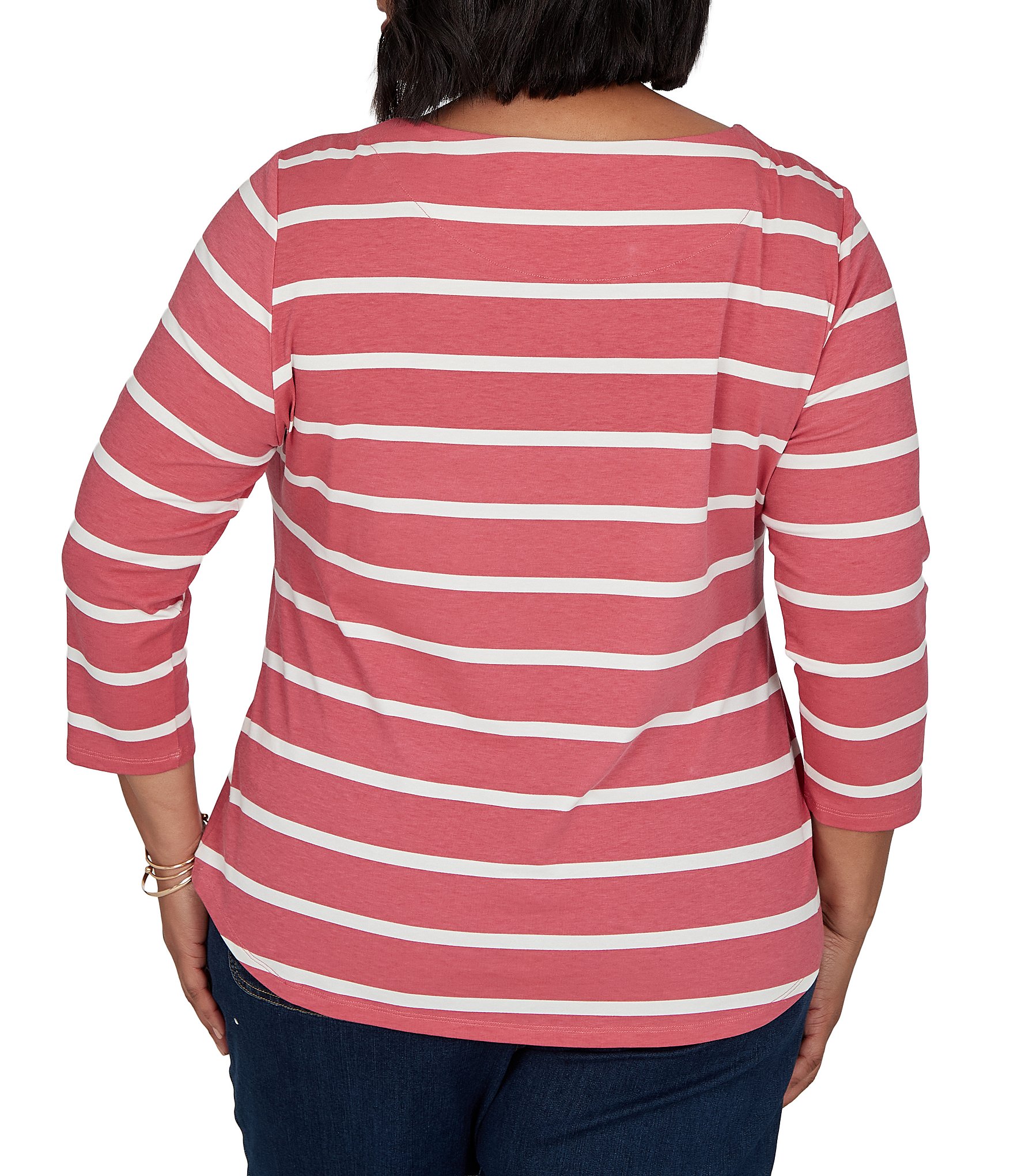 Ruby Rd. Plus Size Knit Stripe Football Bow Boat Neck 3/4 Sleeve Tee