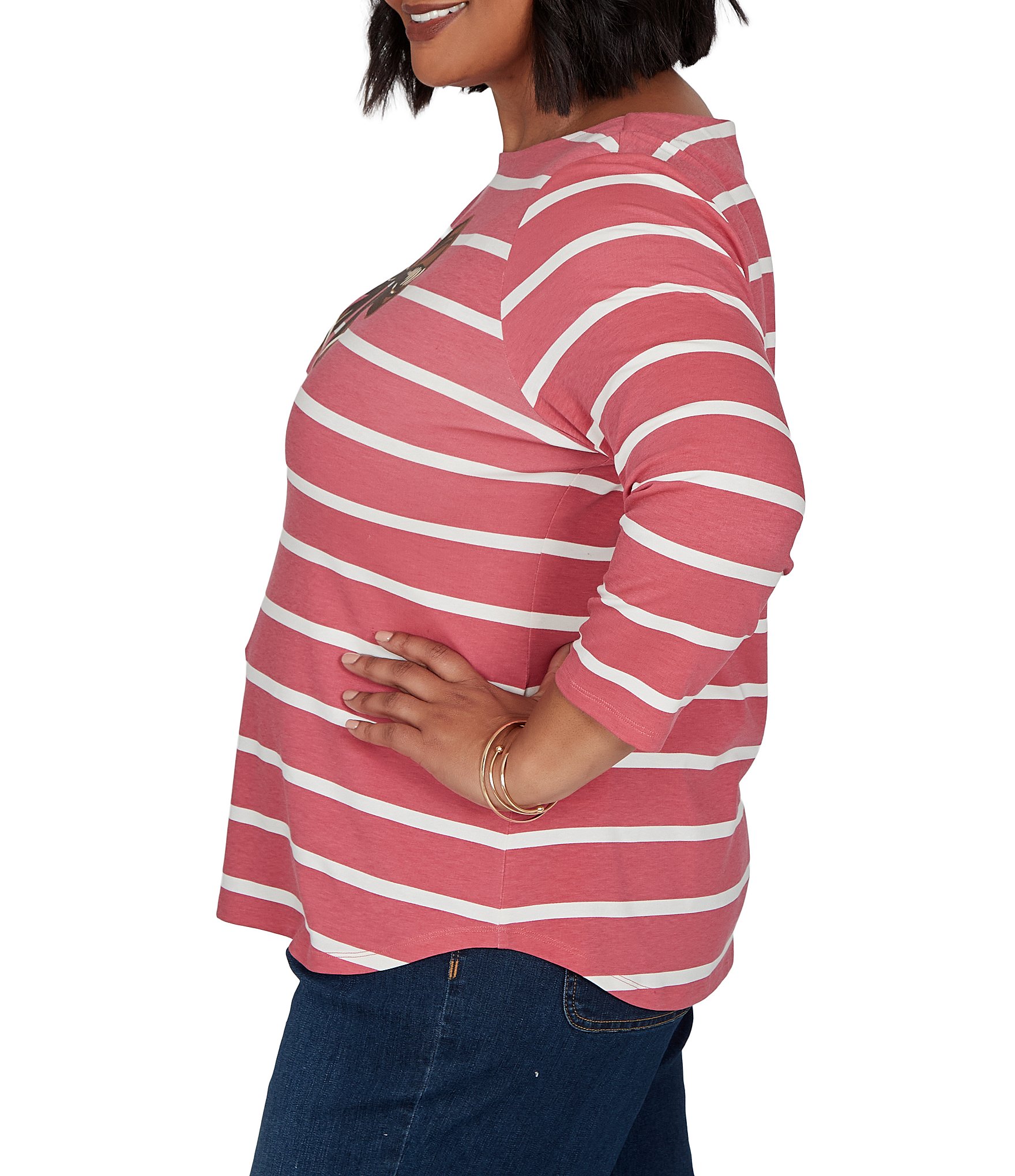 Ruby Rd. Plus Size Knit Stripe Football Bow Boat Neck 3/4 Sleeve Tee