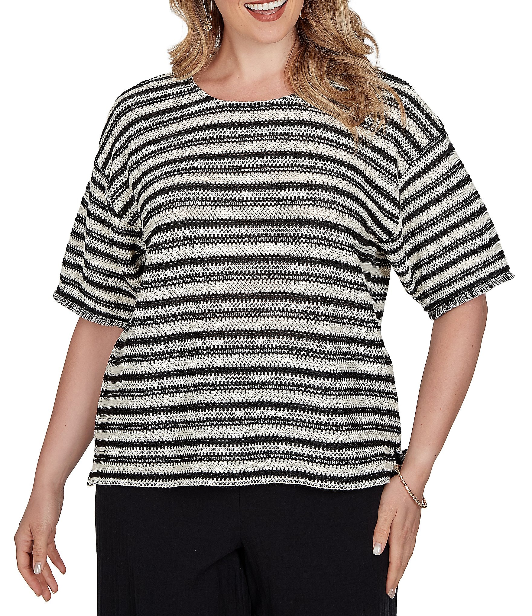 Ruby Rd. Plus Size Knit Stripe Scoop Neck Short Fringe Sleeve Tee