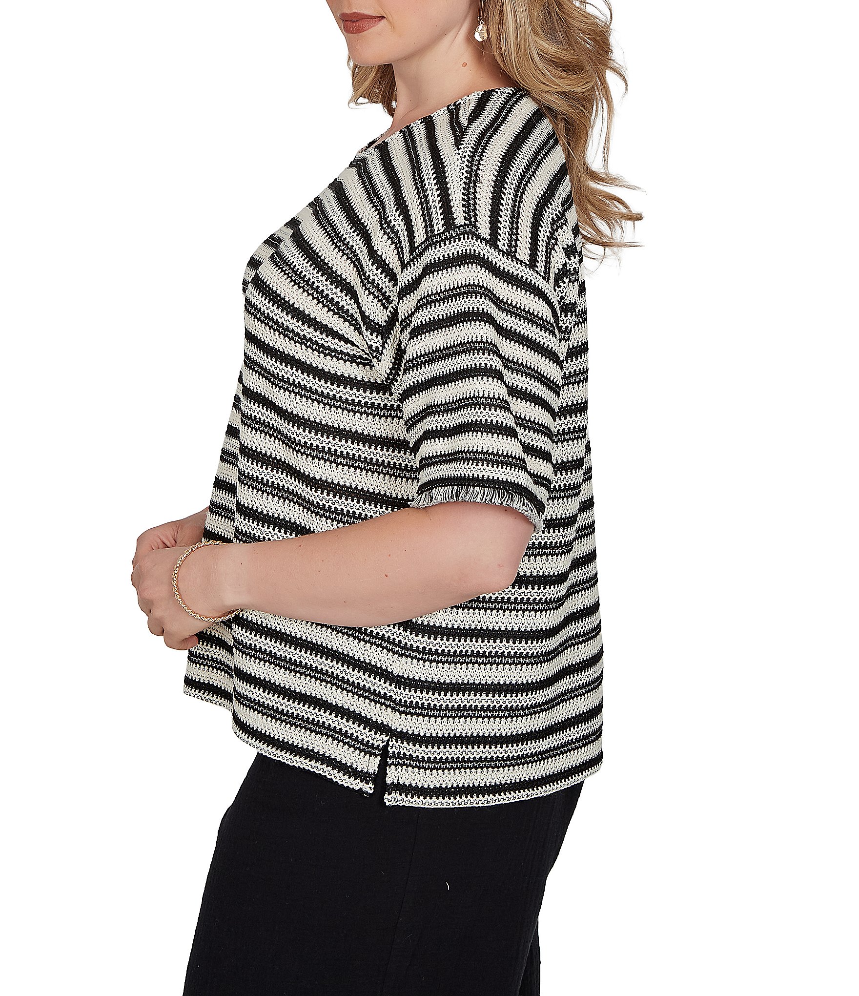Ruby Rd. Plus Size Knit Stripe Scoop Neck Short Fringe Sleeve Tee