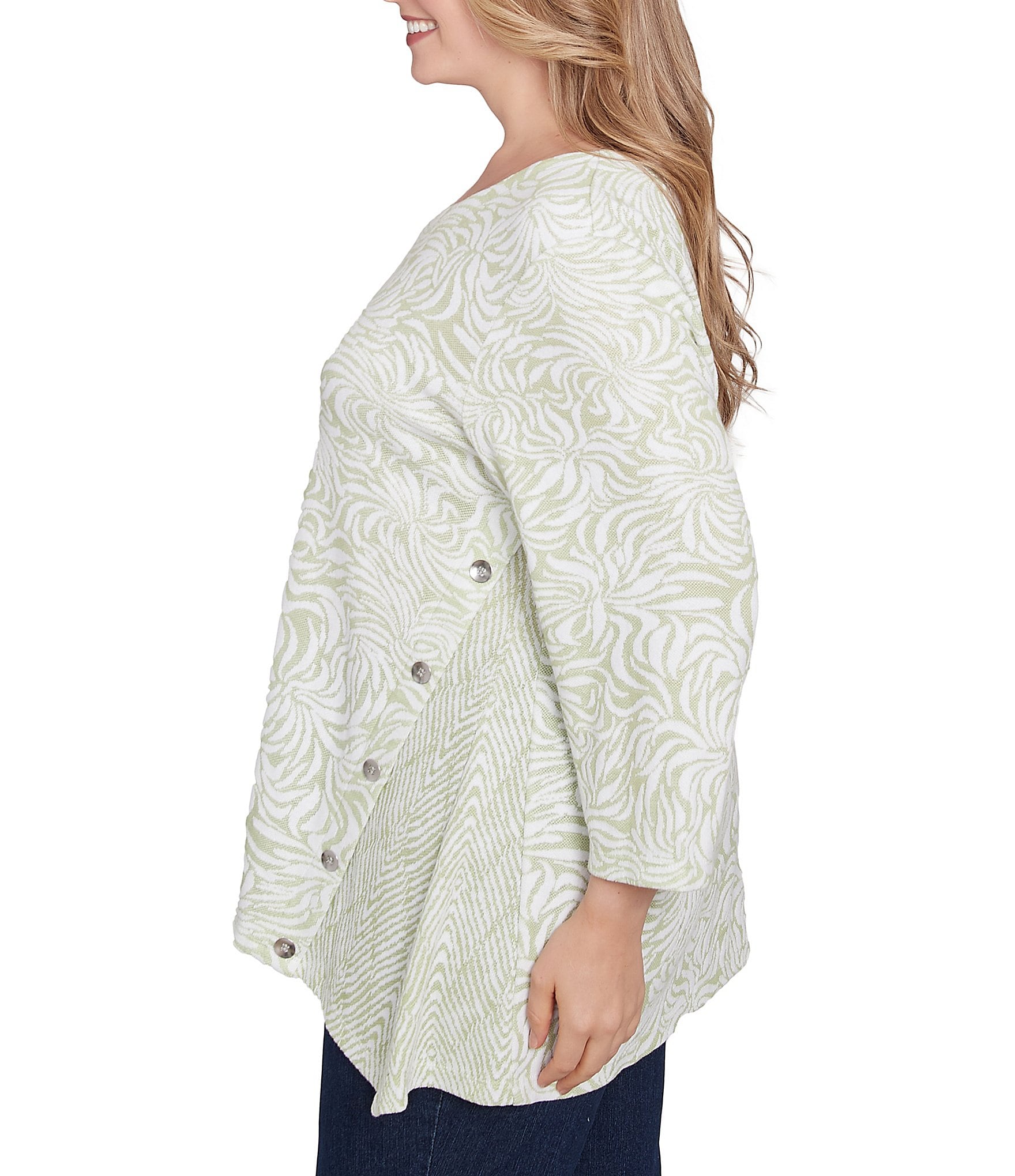 Ruby Rd. Plus Size Knit Swirl Jacquard V-Neck 3/4 Sleeve Top