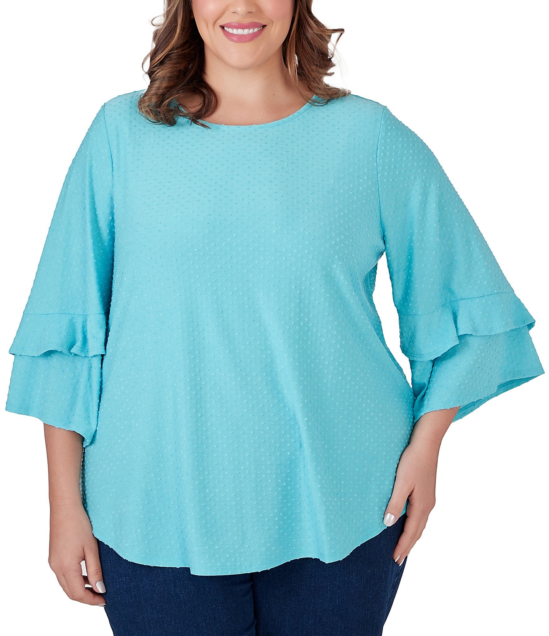 Ruby Rd. Plus Size Knit Swiss Dot Scoop Neck 3/4 Bell Sleeve Shirttail Hem  Top | Dillard's