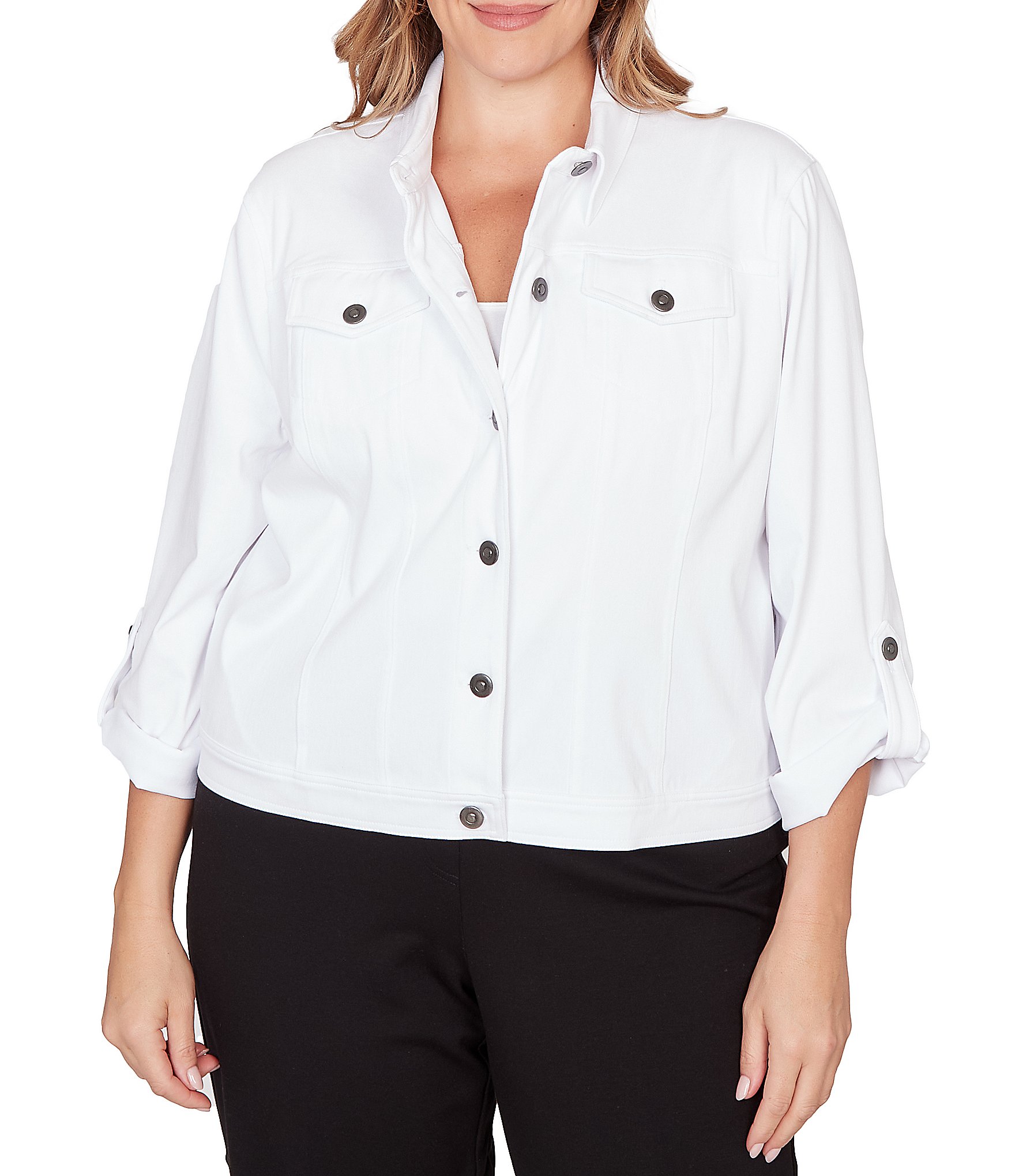 Ruby Rd. Plus Size Knit Twill Point Collar Long Roll-Tab Sleeve Button-Front Jacket