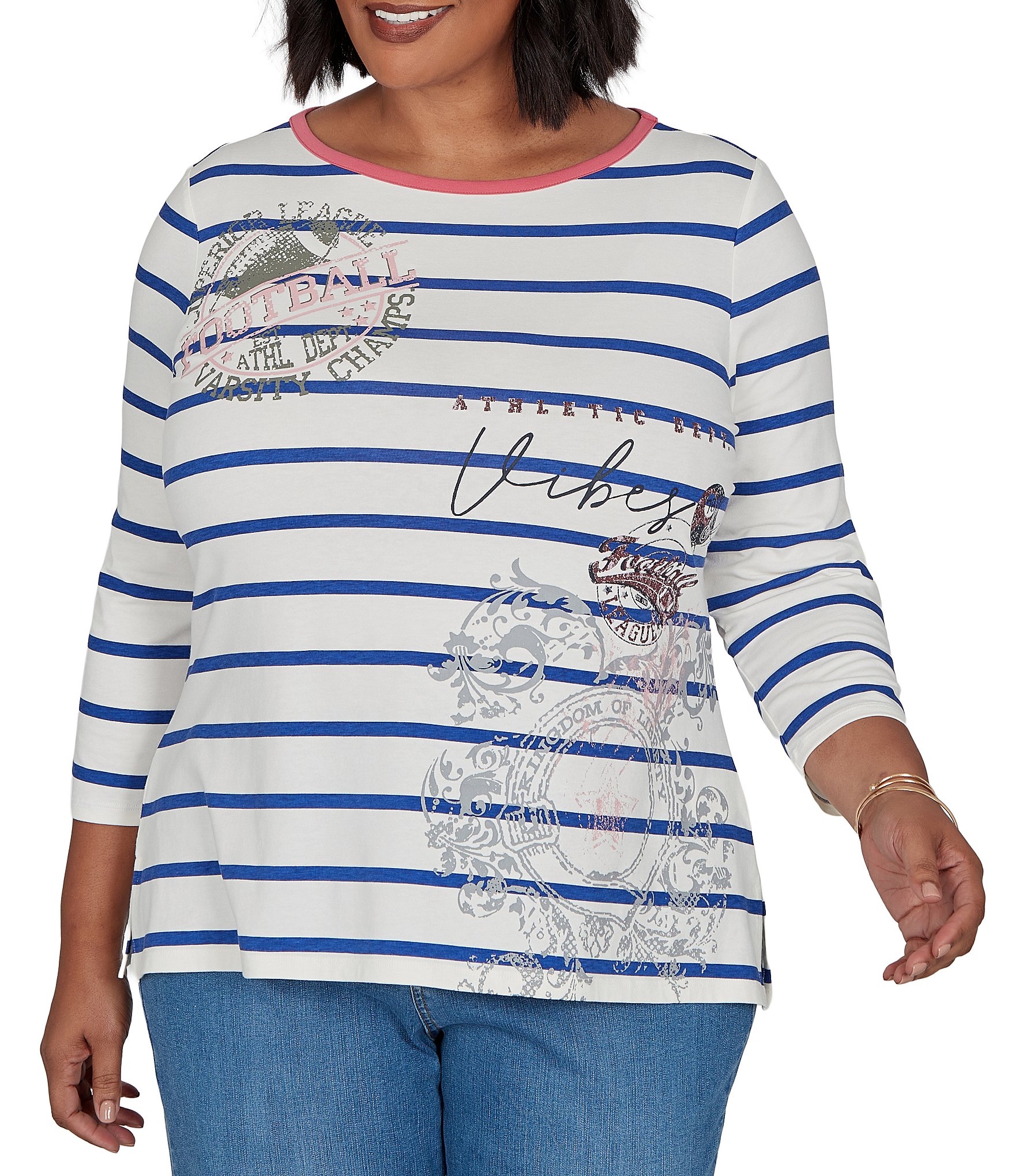 Ruby Rd. Plus Size Knit Varsity Stripe Floral Placement Scoop Neck 3/4 Sleeve Tee