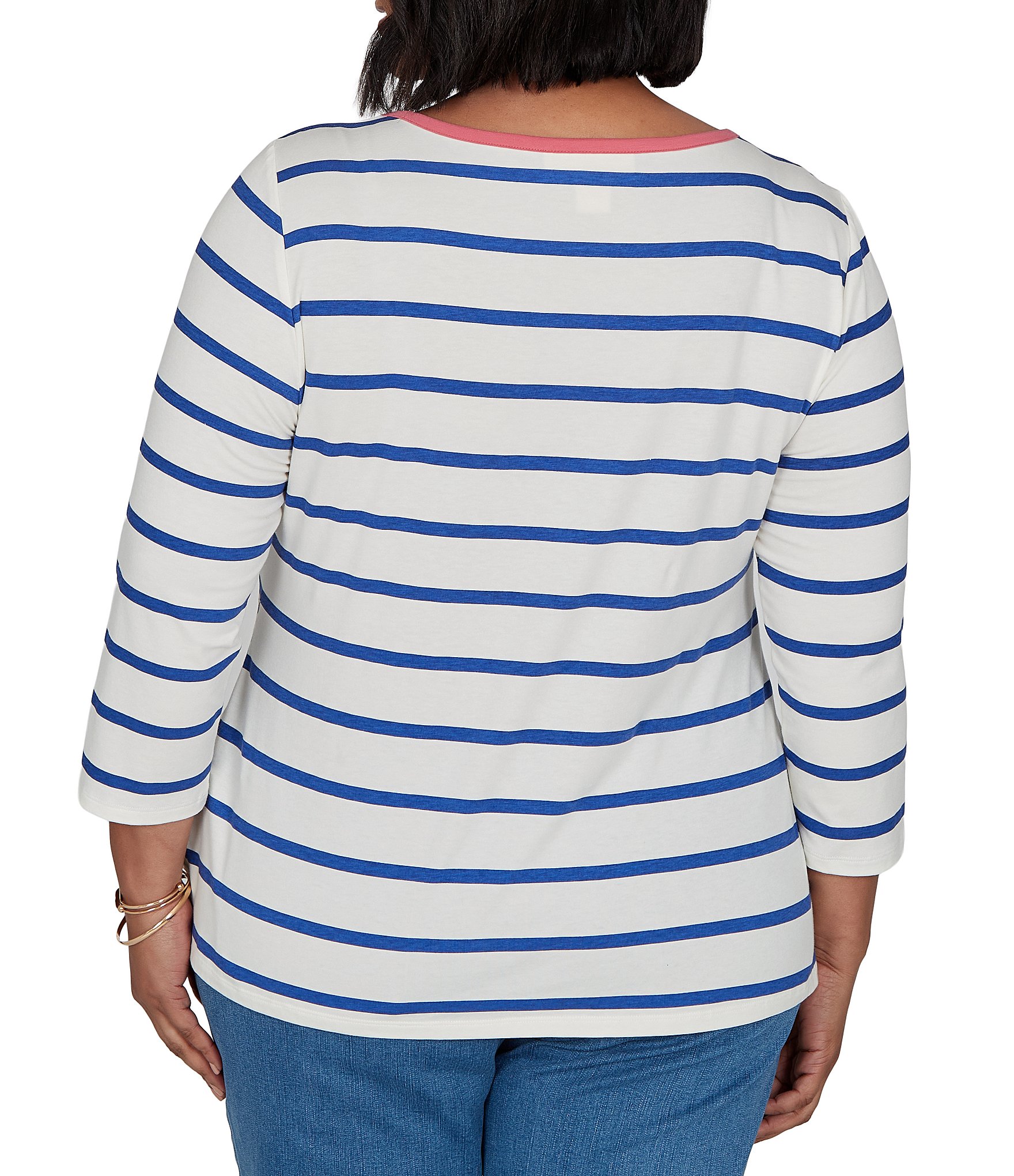 Ruby Rd. Plus Size Knit Varsity Stripe Floral Placement Scoop Neck 3/4 Sleeve Tee