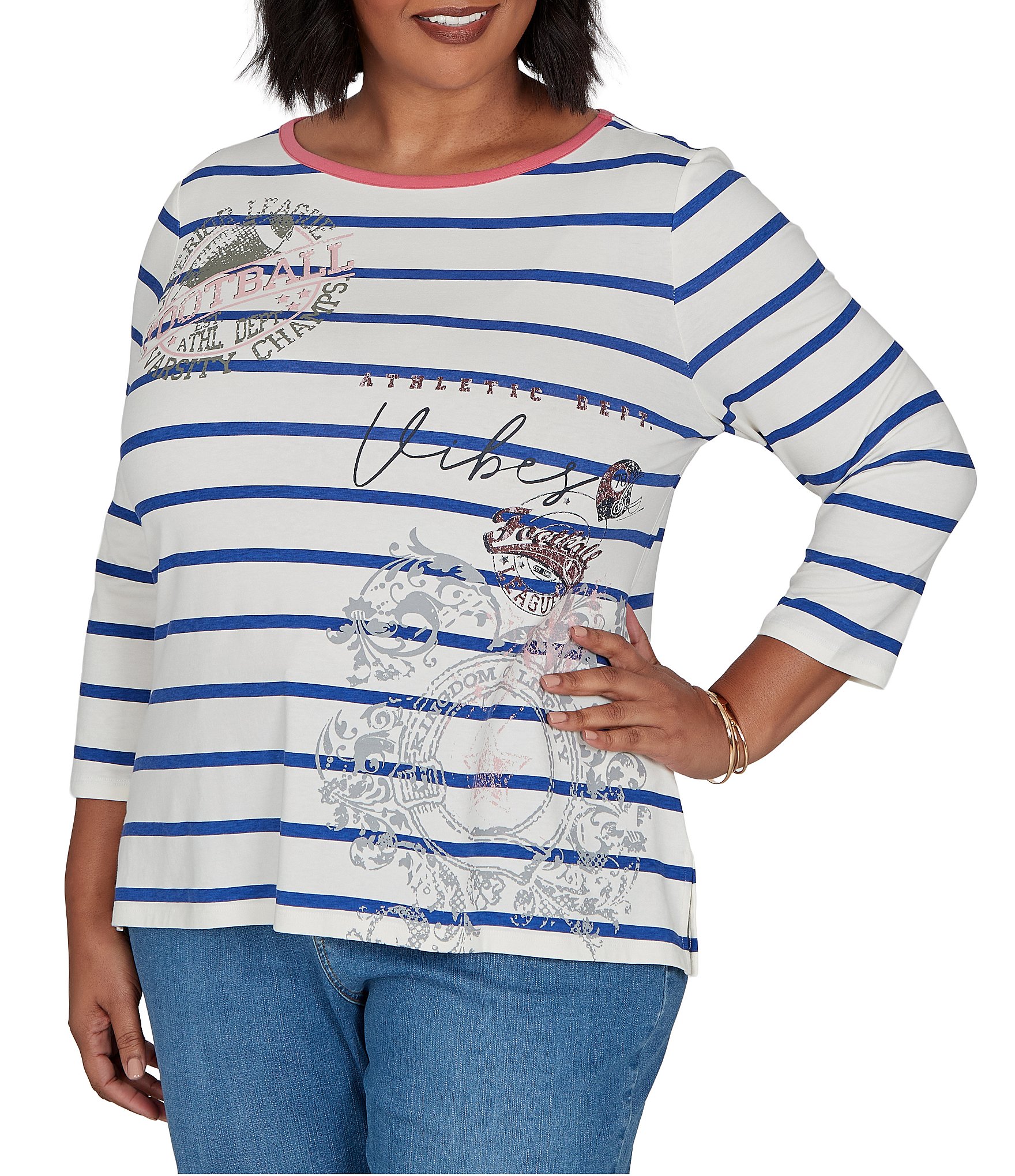 Ruby Rd. Plus Size Knit Varsity Stripe Floral Placement Scoop Neck 3/4 Sleeve Tee