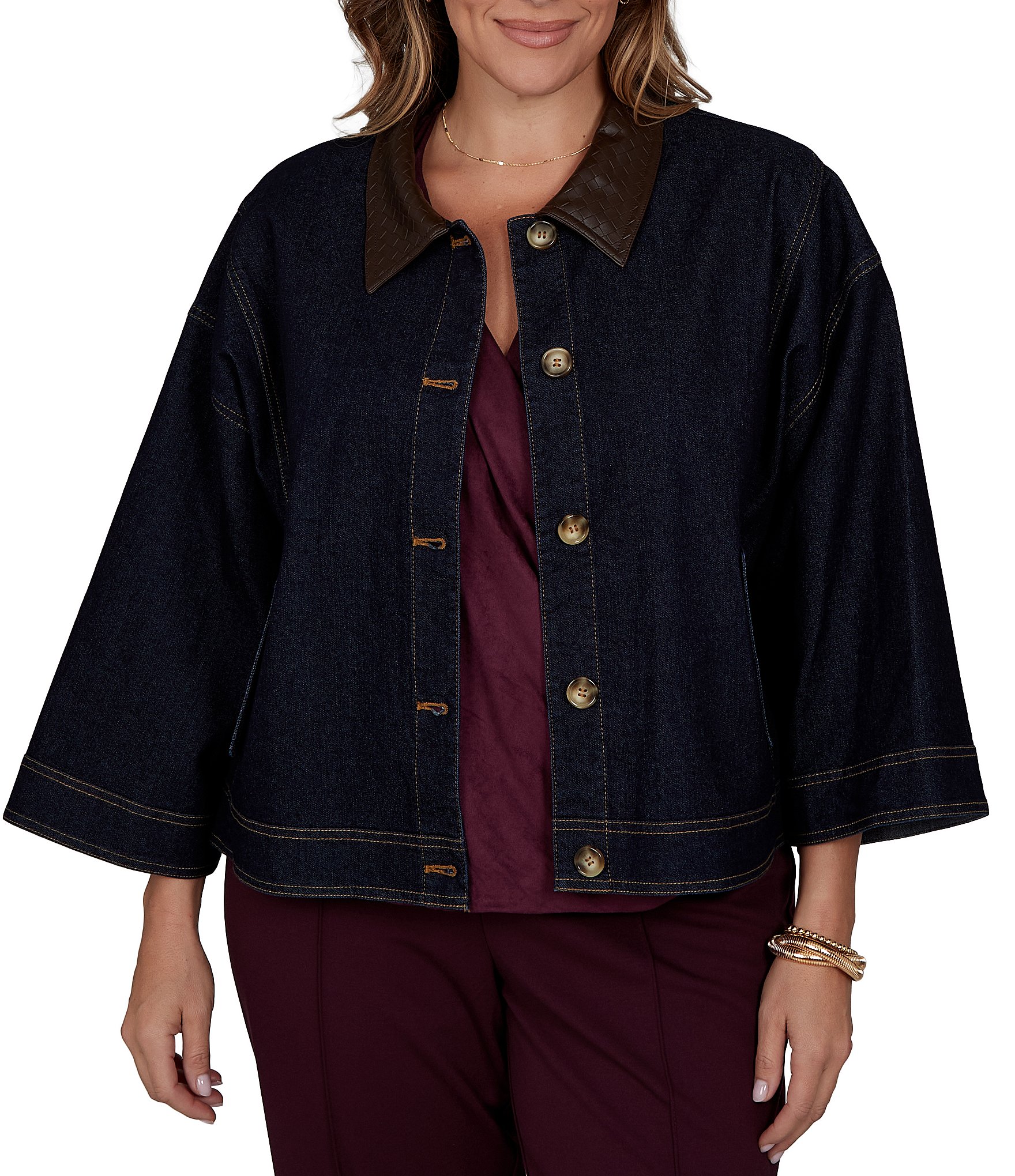 Ruby Rd. Plus Size Light Weight Denim Faux Leather Collar 3/4 Sleeve Button Front Caplet Jacket
