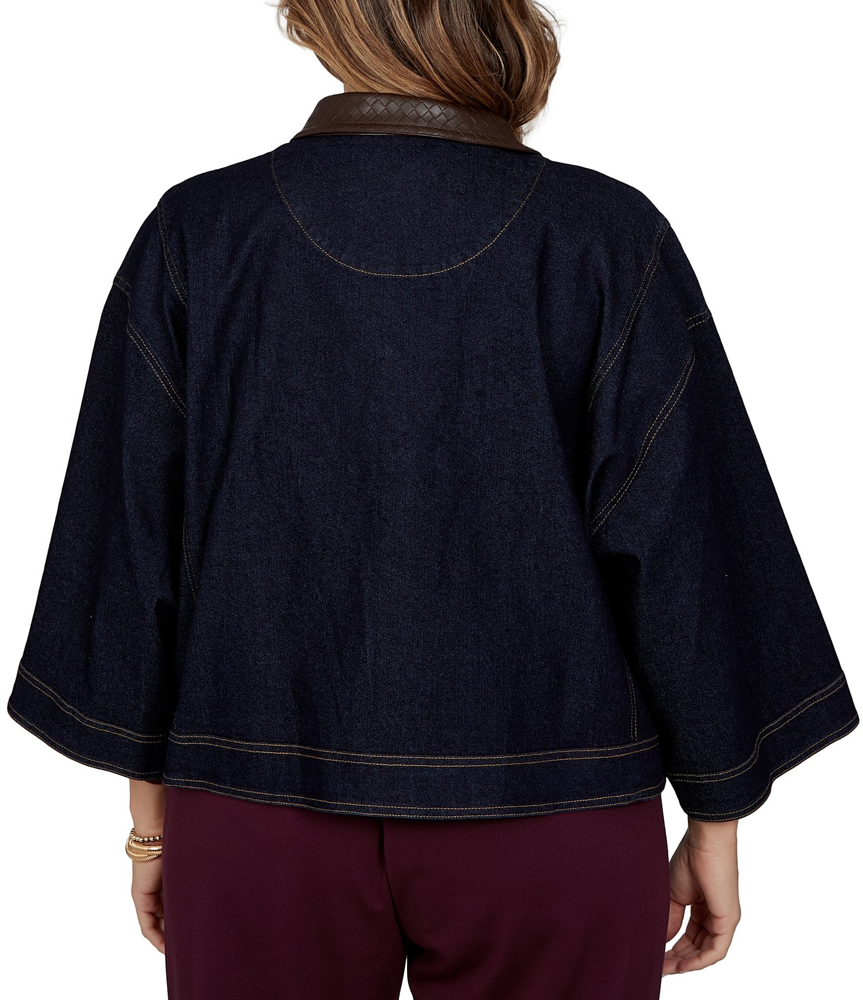 Ruby Rd. Plus Size Light Weight Denim Faux Leather Collar 3/4 Sleeve Button Front Caplet Jacket