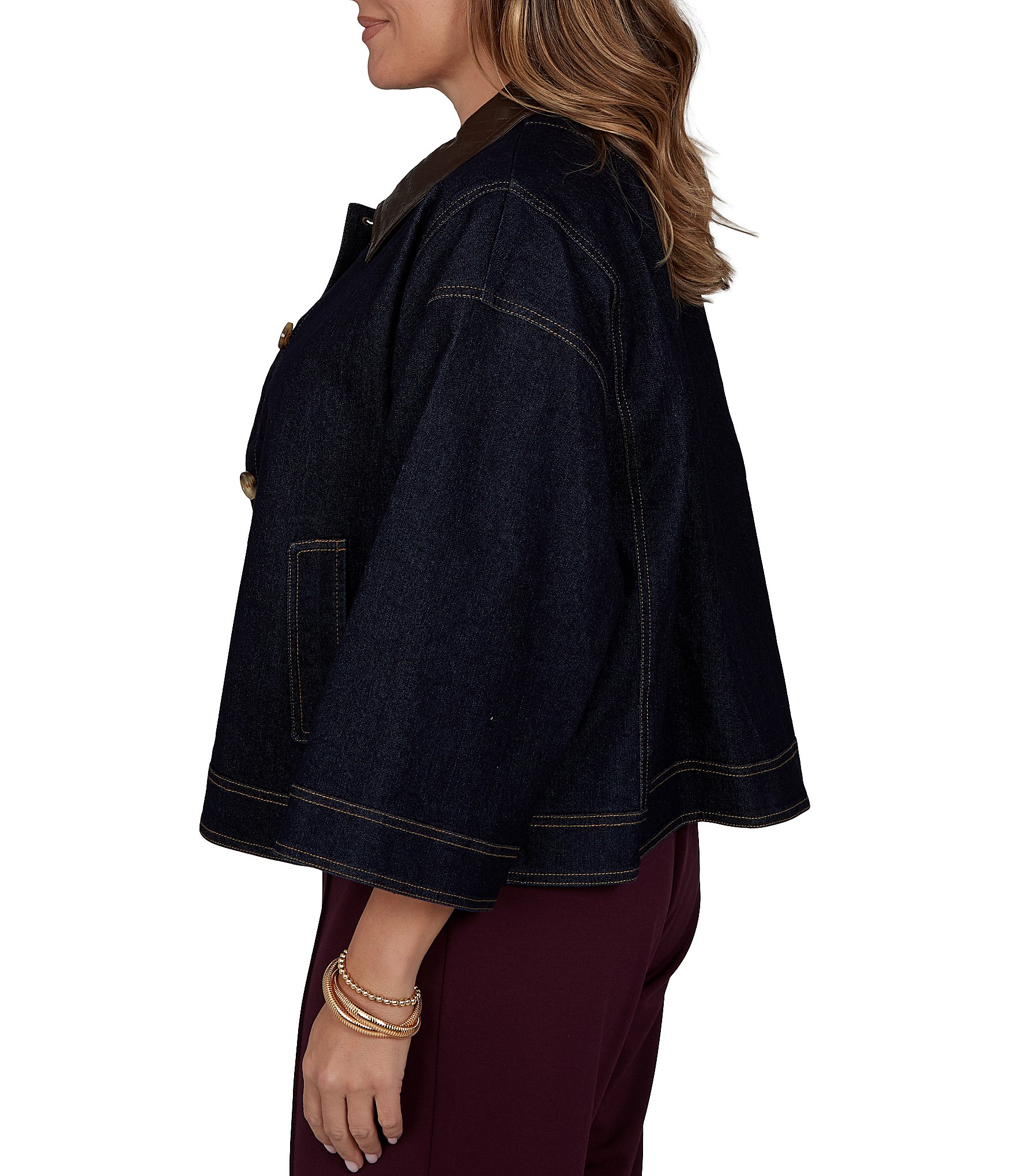 Ruby Rd. Plus Size Light Weight Denim Faux Leather Collar 3/4 Sleeve Button Front Caplet Jacket