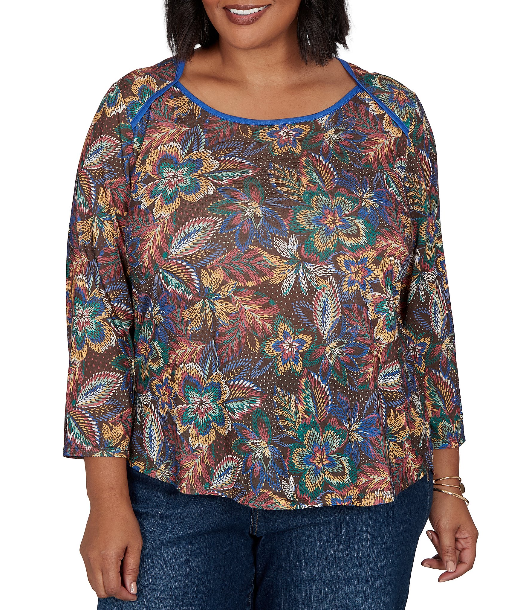 Ruby Rd. Plus Size Lightweight Knit Floral Scoop Neck 3/4 Sleeve Solid Trim Pullover