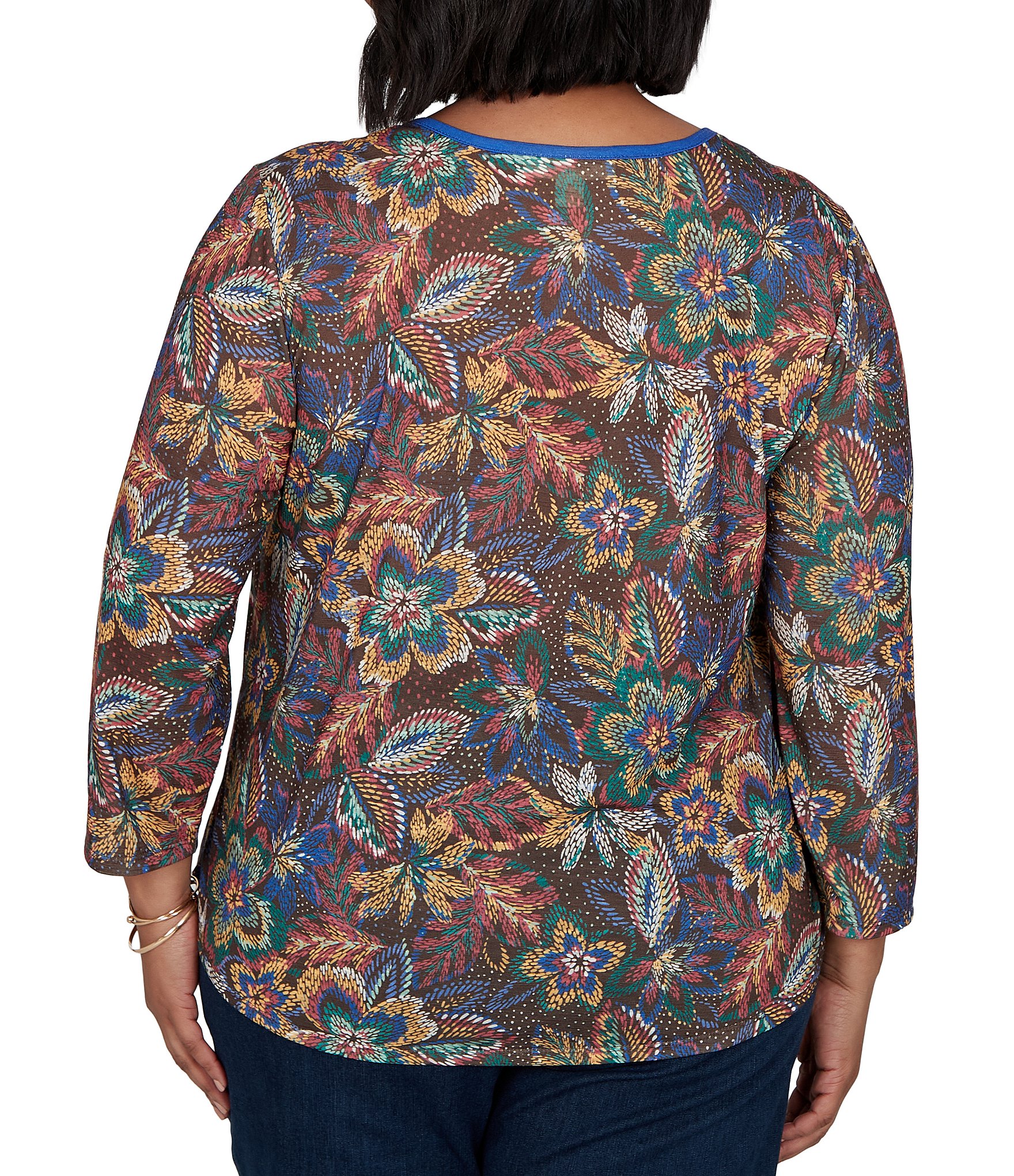 Ruby Rd. Plus Size Lightweight Knit Floral Scoop Neck 3/4 Sleeve Solid Trim Pullover