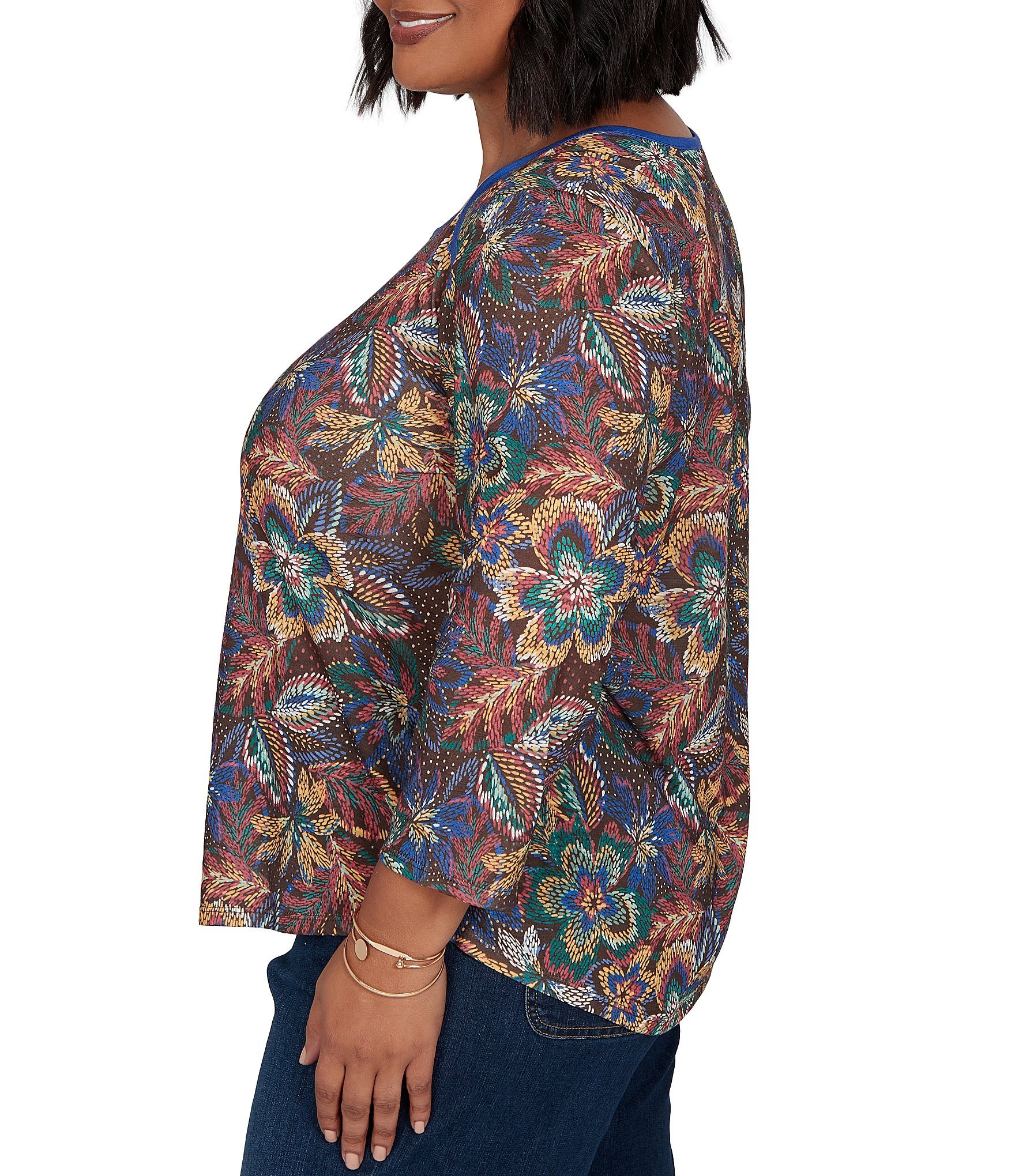 Ruby Rd. Plus Size Lightweight Knit Floral Scoop Neck 3/4 Sleeve Solid Trim Pullover