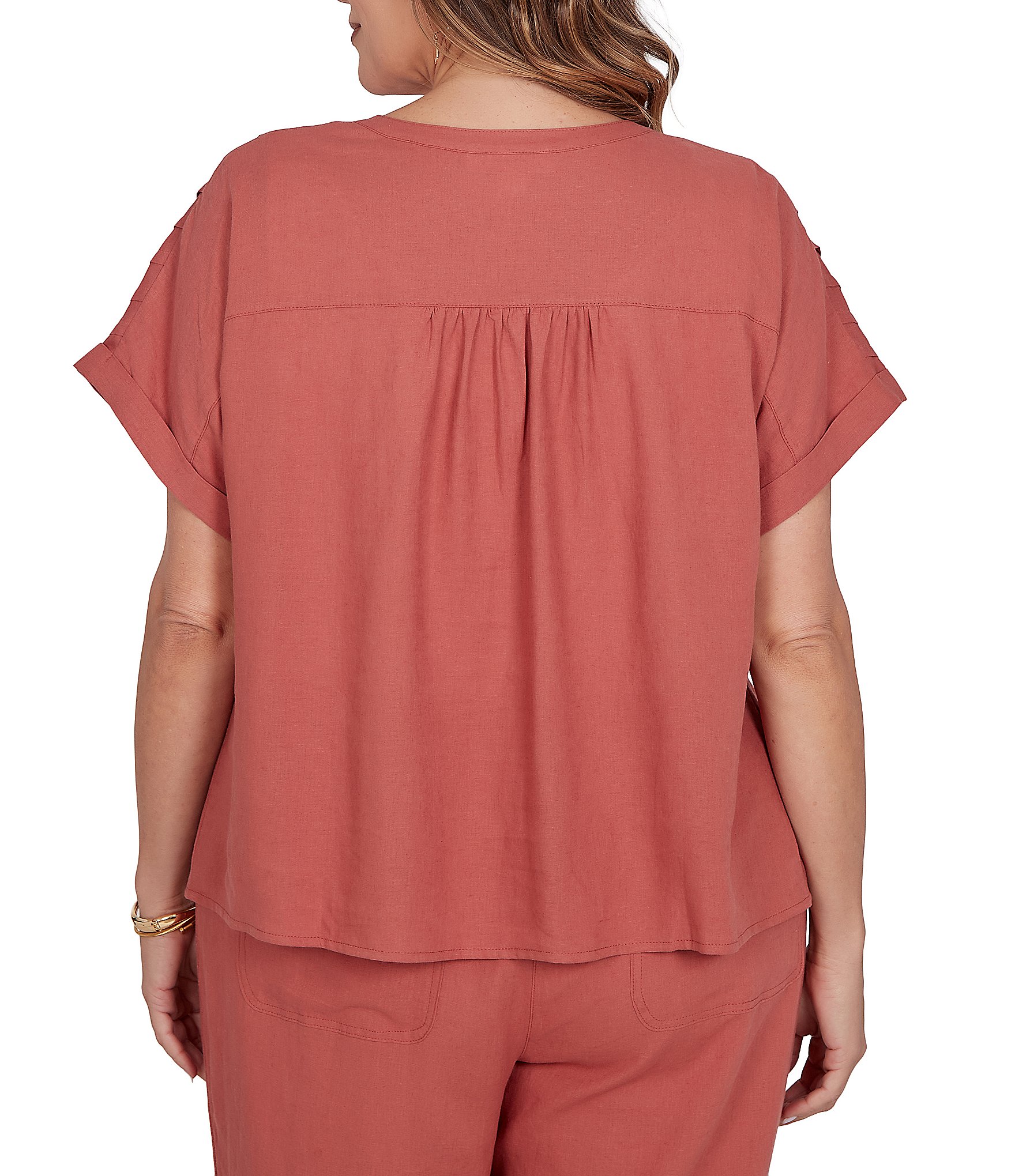 Ruby Rd. Plus Size Linen Blend Banded Round Neck Short Cuff Sleeve Button Front Shirt